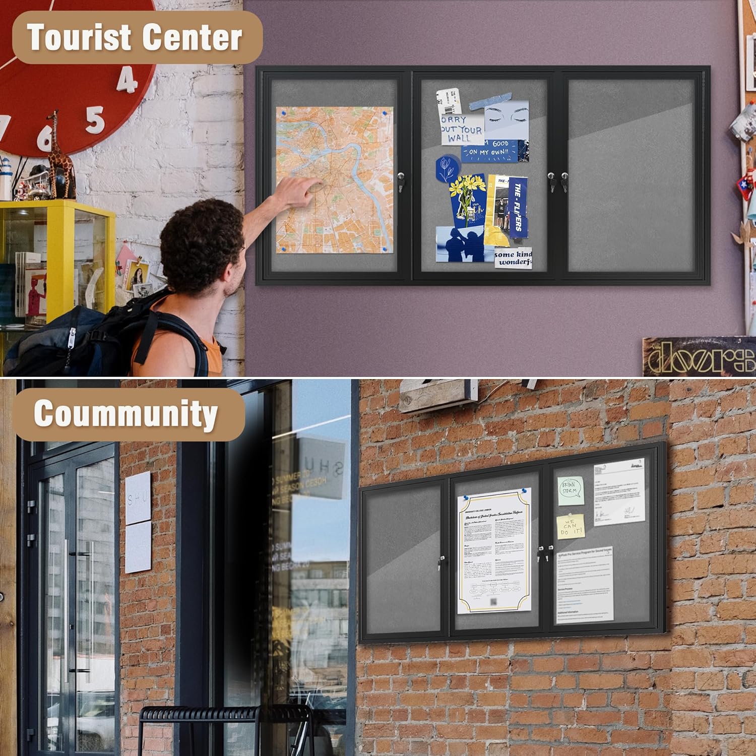 Mifuro 70"x34" Enclosed Bulletin Board, Outdoor Lockable Weather-Resistant Aluminum Cork Noticeboard for School & Office, Black Frame w/Grey Flet