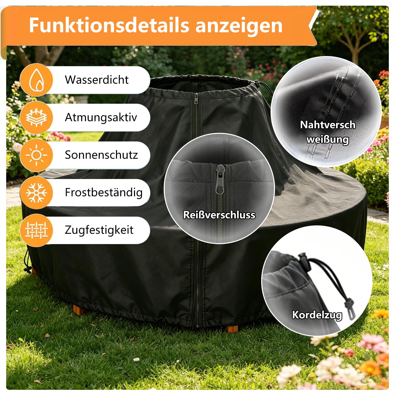 Baumbank Abdeckung Wasserdicht, Schutzhülle Baumbank mit Kordelzug, Abdeckplane Baumbank Winddicht, UV-Beständiges - With Klettverschluss，Abdeckhaube für Baumbank 420D Oxford (Schwarz, 175cm)