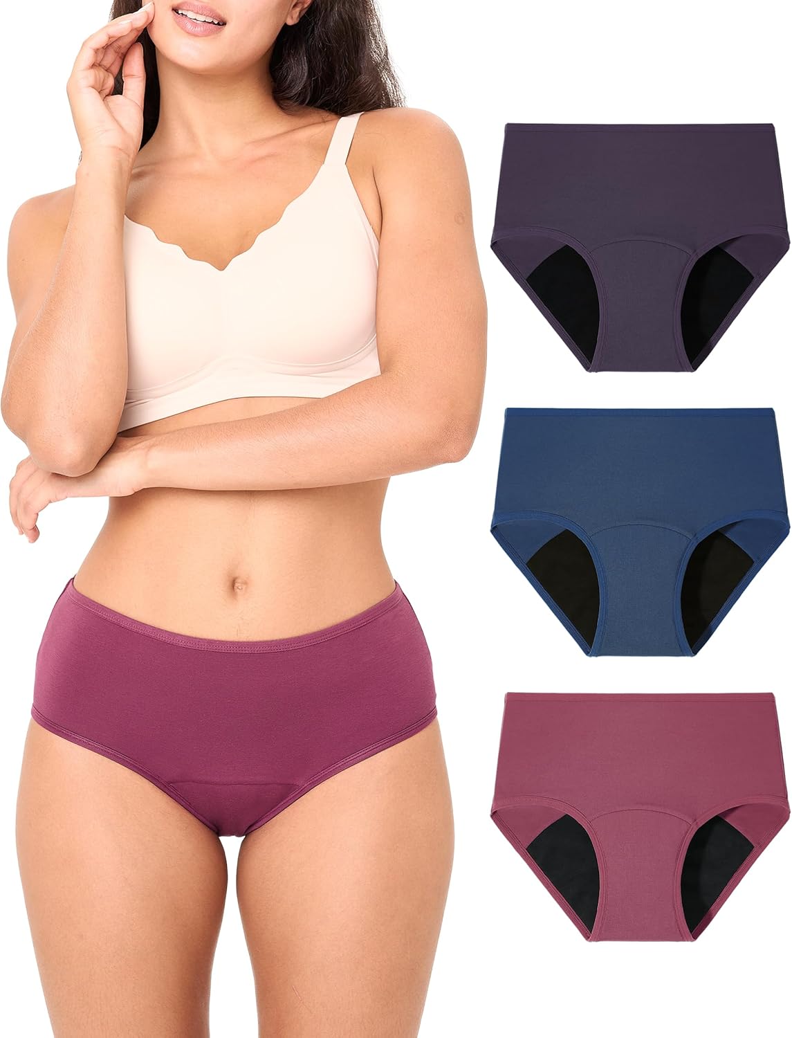 BAMBOO COOL Womens Period Underwear High Waisted Leakproof Postpartum Maternity Panties Soft Breathable Absorbent,3 Pack