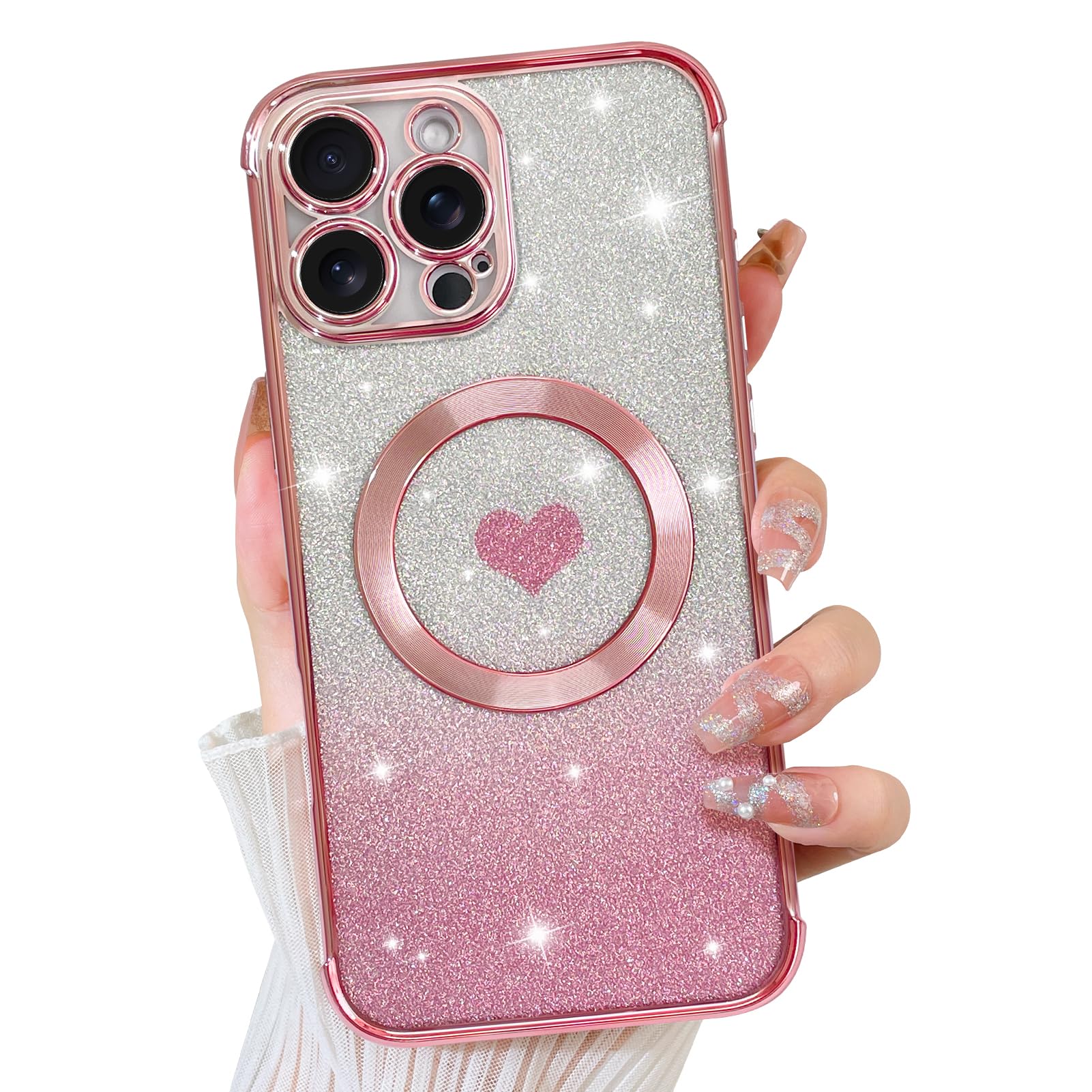MOWIMEMagnetic for iPhone 16 Pro Max Case, Luxury Plating Cute Glitter Love Heart Clear Phone Case [Compatible with MagSafe] Soft TPU Shockproof Protective Phone Cover for Women Girls - Pink Glitter