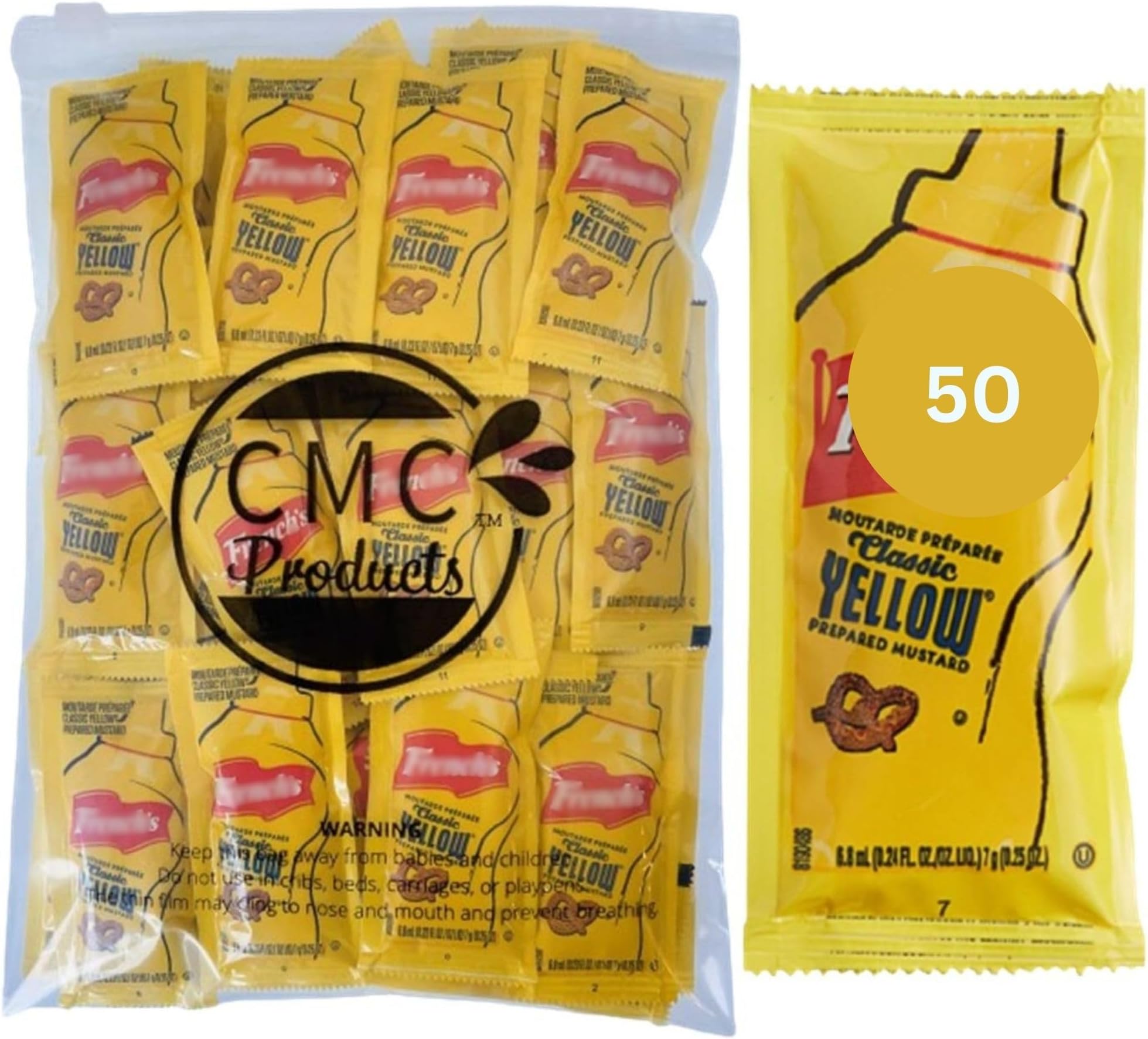 - Gift Set: Mustard Packets (5.5g) – 50 Count with Spreader in Food-Safe Resealable Bag by CMC Products (approximately 50 packets)