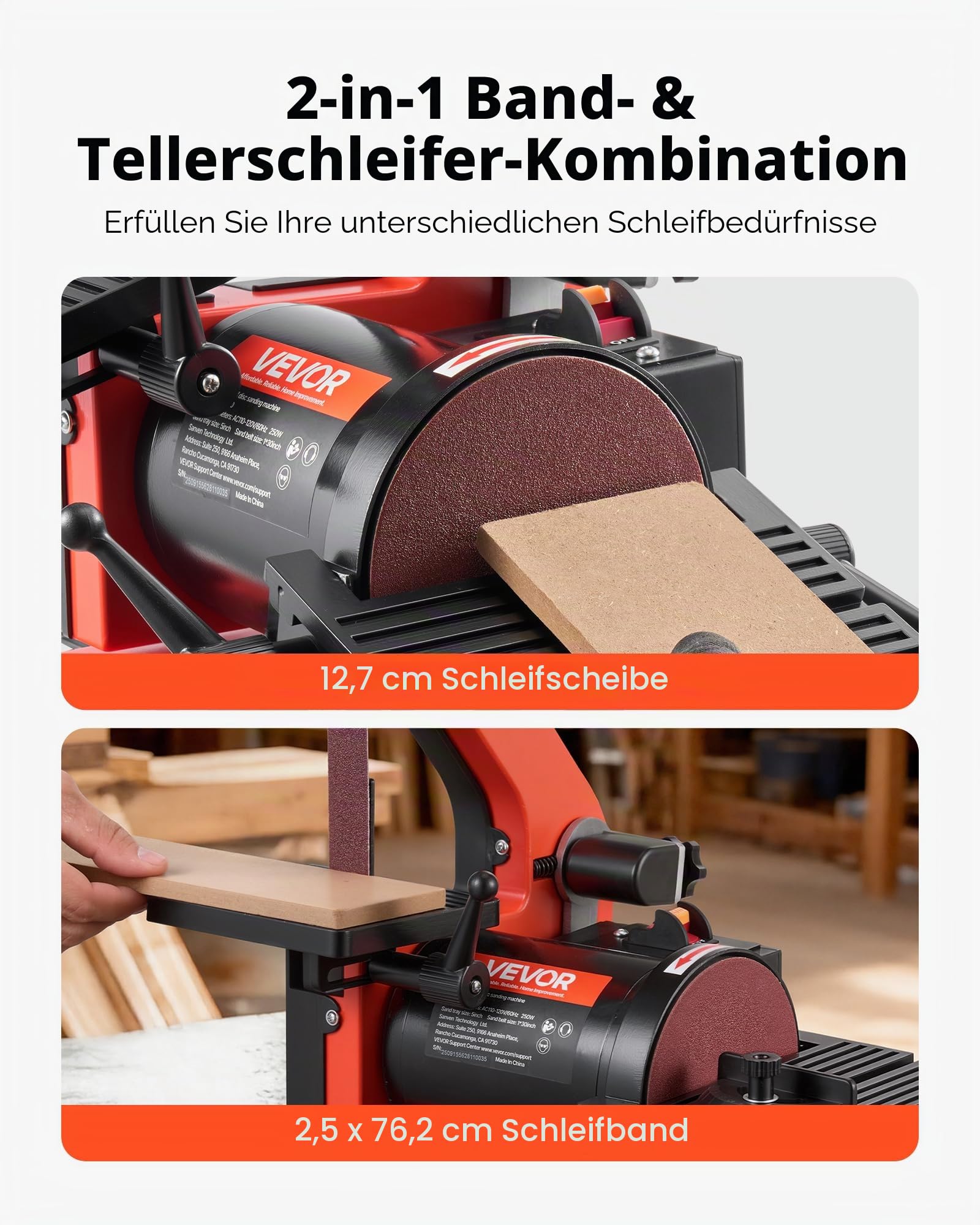 VEVOR Band-Tellerschleifer 250 W, 127 mm Tellerschleifer & 25,4x762 mm Bandschleifer, mit 0-45° verstellbarem Arbeitstisch & Staubabsauganschluss für Holzbearbeitung, Messerschärfen