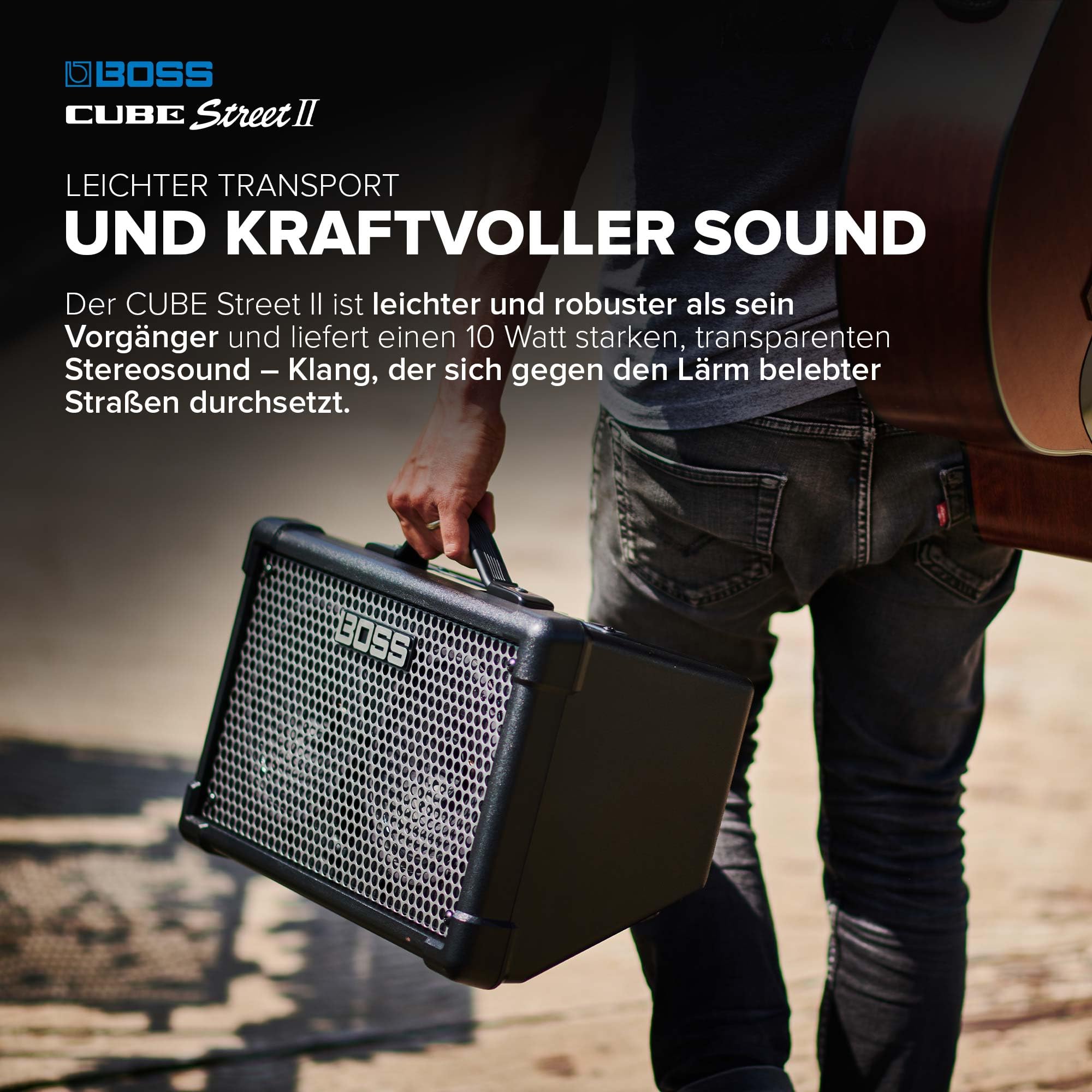 BOSS Cube Street II | Tragbarer batteriebetriebener Stereoverstärker | Hochwertiger Sound | Perfekt für Straßenmusik | Anschluss von Mikrofonen, Instrumenten & Audiogeräten | Schwarz