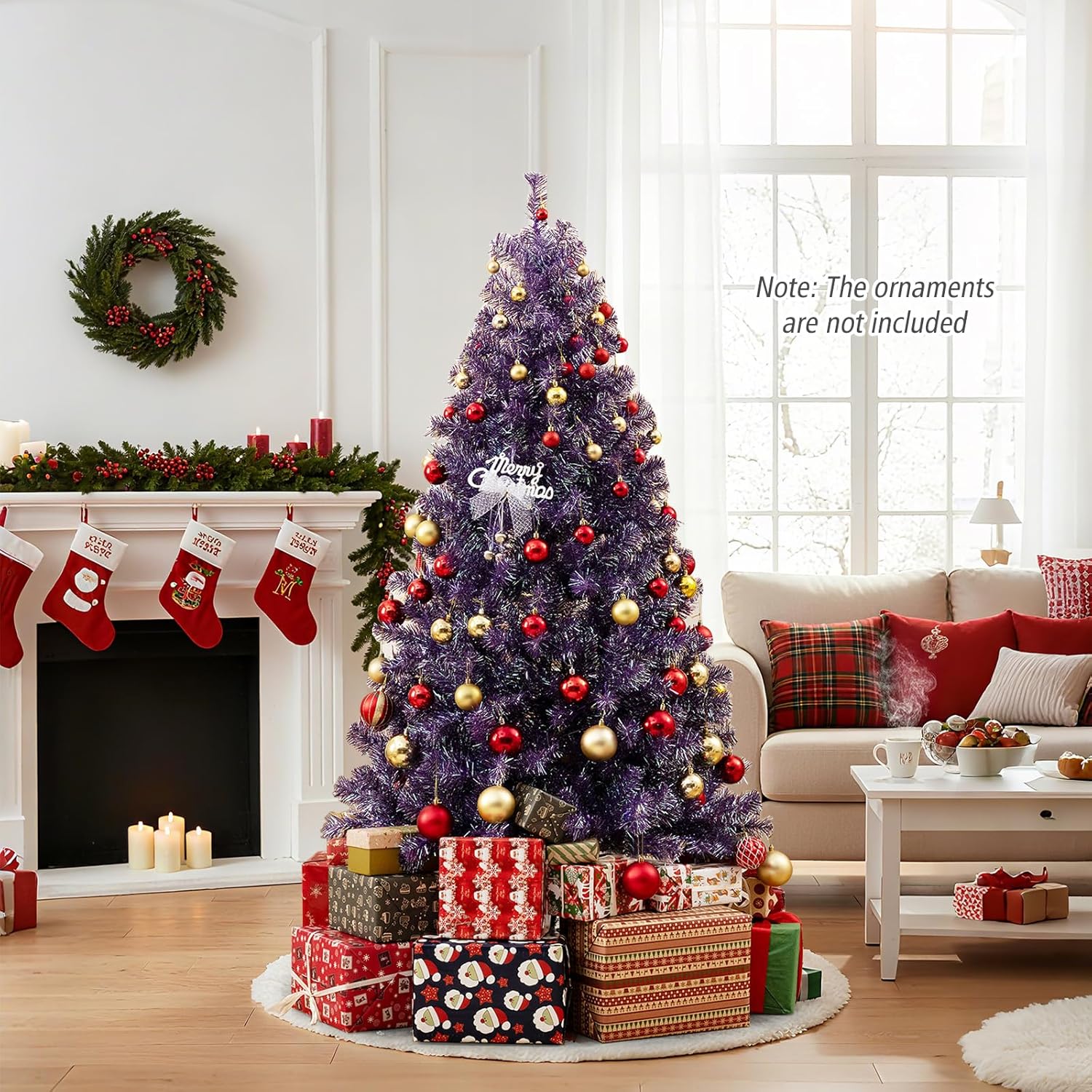 HAPPYGRILL 6 FT Pre-lit Tinsel Christmas Tree Artificial Xmas Tree with 250 LED Lights, 8 Modes, 688 Deep Purple Branch Tips, Folding Metal Stand, Seasonal Holiday Tree for Home Office Party