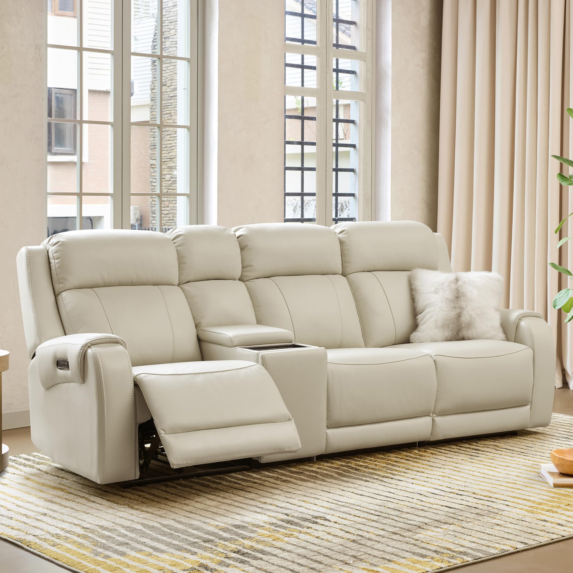 CHITA Genuine Leather Power Recliner Sofa, 3 Seater with Console, Crean