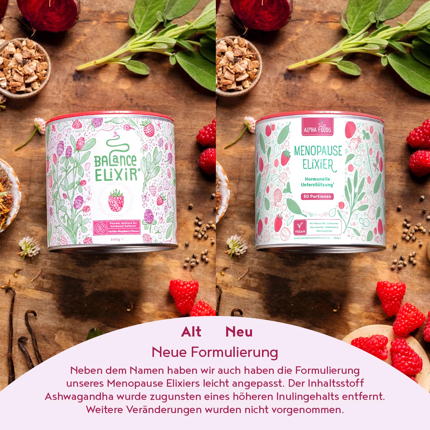 Menopause Elixier | 300g | Hormon Balance Pulver, nicht Kapseln | Hochdosiert Mönchspfeffer, Yamswurzel, Myo Inositol, Vitamin B6, D & Calcium | Wechseljahre Komplex | Vanille-Himbeer | Alpha Foods