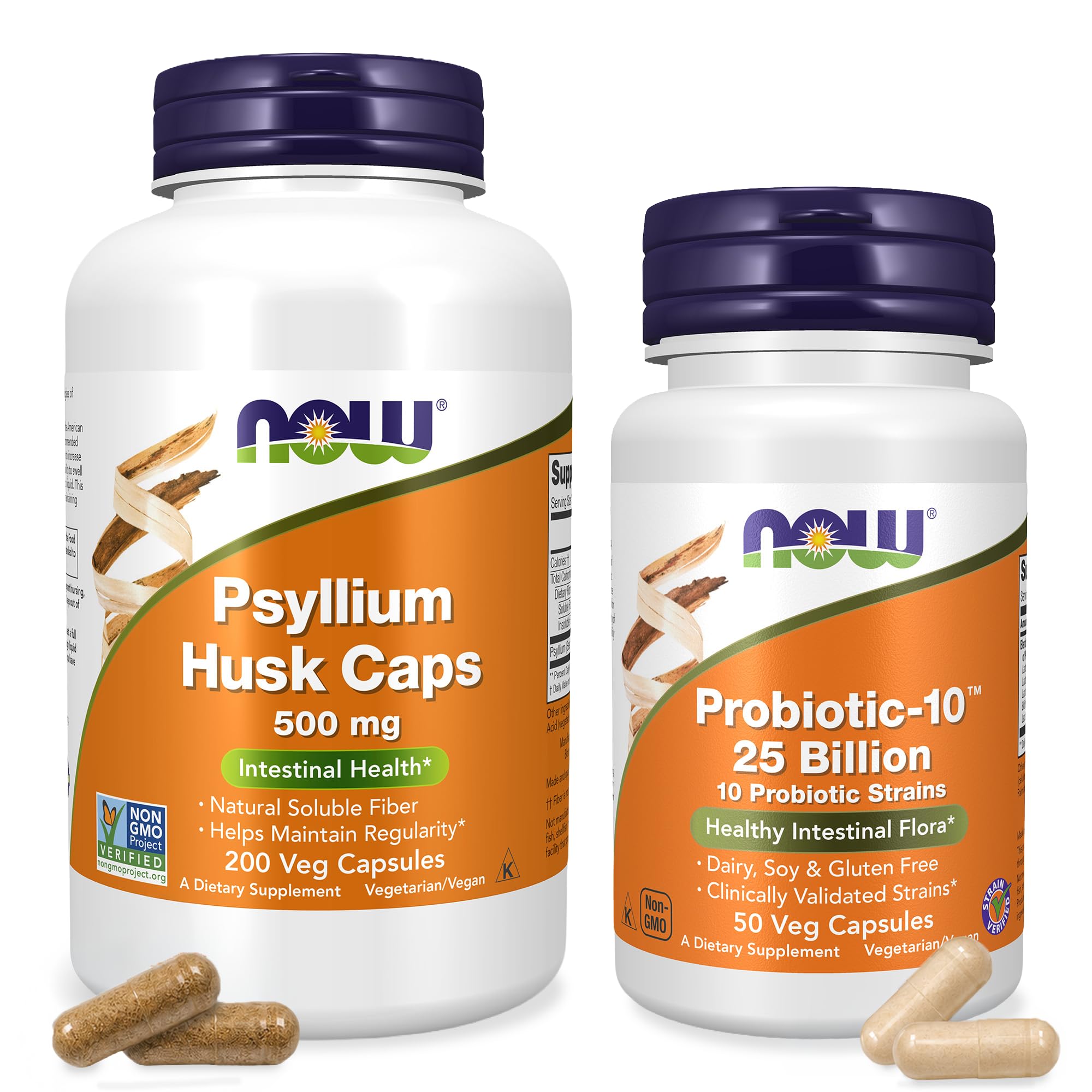 NOW Foods Digestive Health Bundle - Probiotic + Psyllium Husk Supplements 250 Count (Pack of 2)
