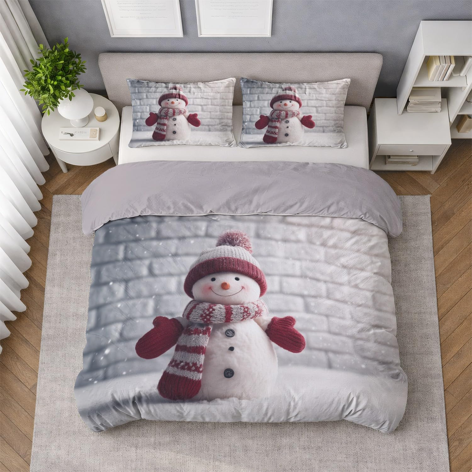 Biały Czerwony Minimalistyczny Uroczy Bałwan Poszwa na kołdrę 200 x 200 cm, Anime Miękka mikrofibra Dwustronny zestaw pościeli z zamkiem błyskawicznym 3-częściowy z 2 poszewkami na poduszki