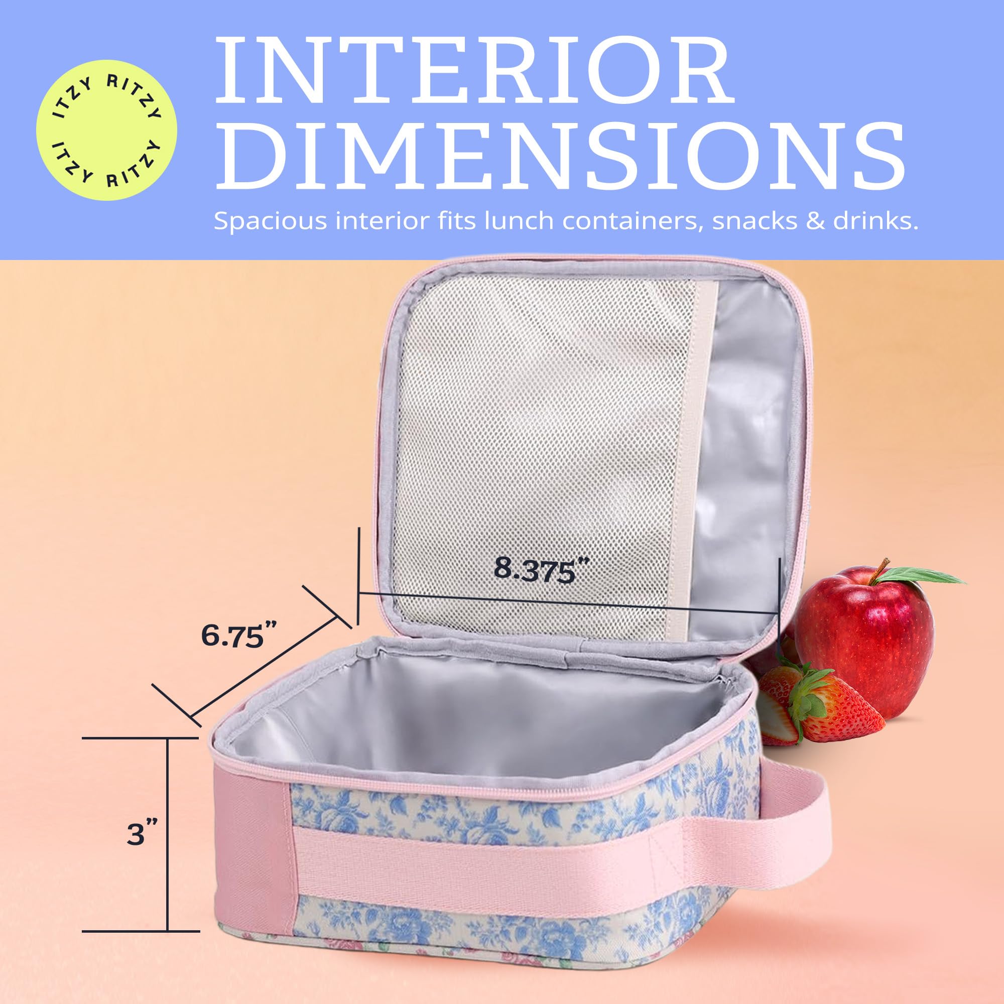 Itzy Ritzy Boîte à déjeuner pour enfant – Le sac à déjeuner pour enfants est isotherme et comprend un porte-bouteille d'eau plus 2 poches – Durable, facile à nettoyer (rubans et roses)