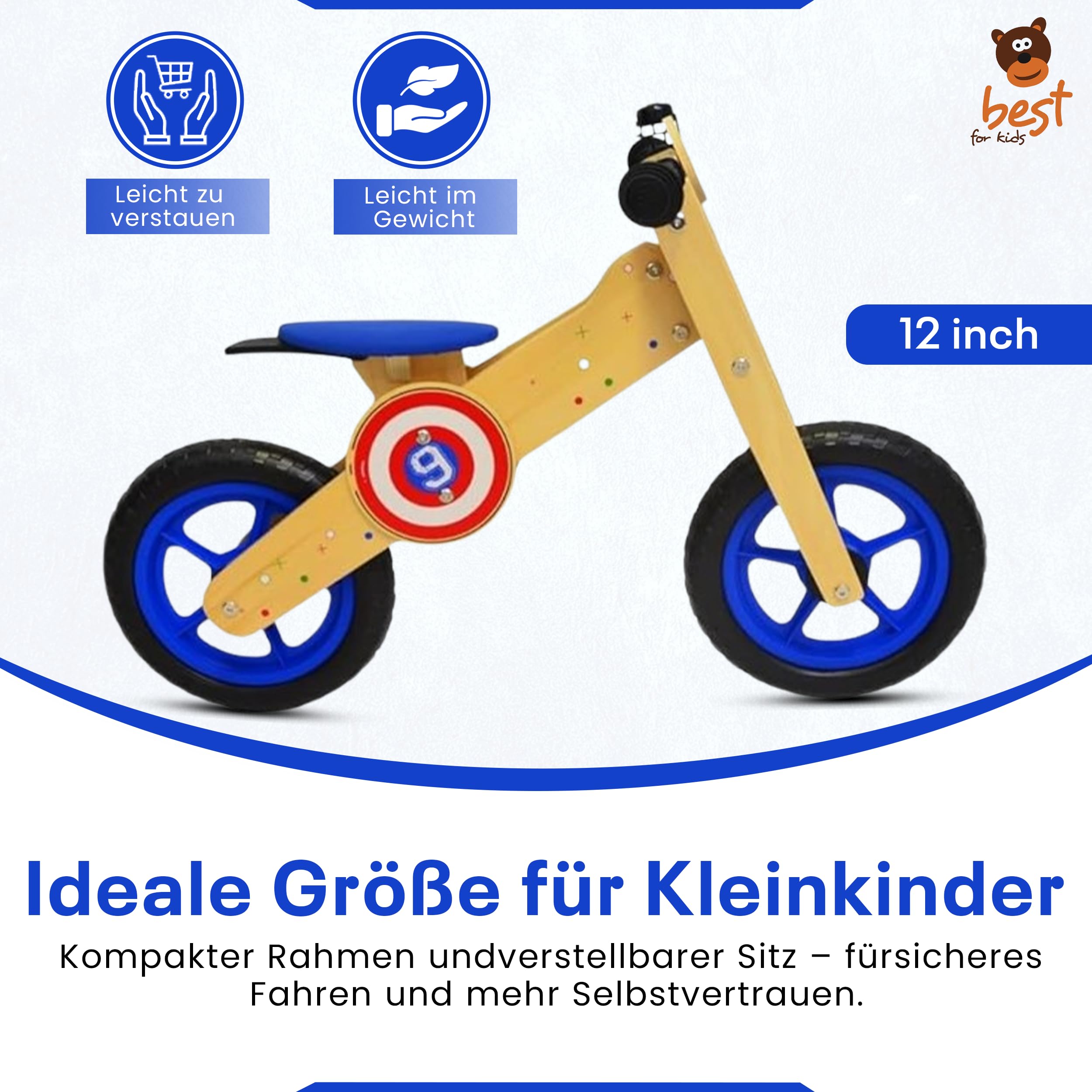 Draisienne en Bois 12" pour bébé avec Sonnette Incluse, siège réglable et sans pédales | Draisienne Enfant 2 Ans | Développe l’équilibre et la Confiance