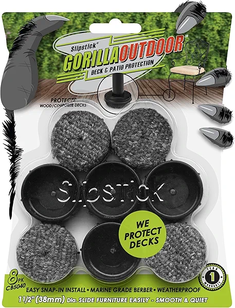 Don't Scratch Your Deck Gorilla Outdoor 1-1/2 Inch Patio Furniture Feet Caps (8 Pack) Floor Protecting Replacement Feet Glides for Metal Outdoor Furniture, Weatherproof Berber Sliders