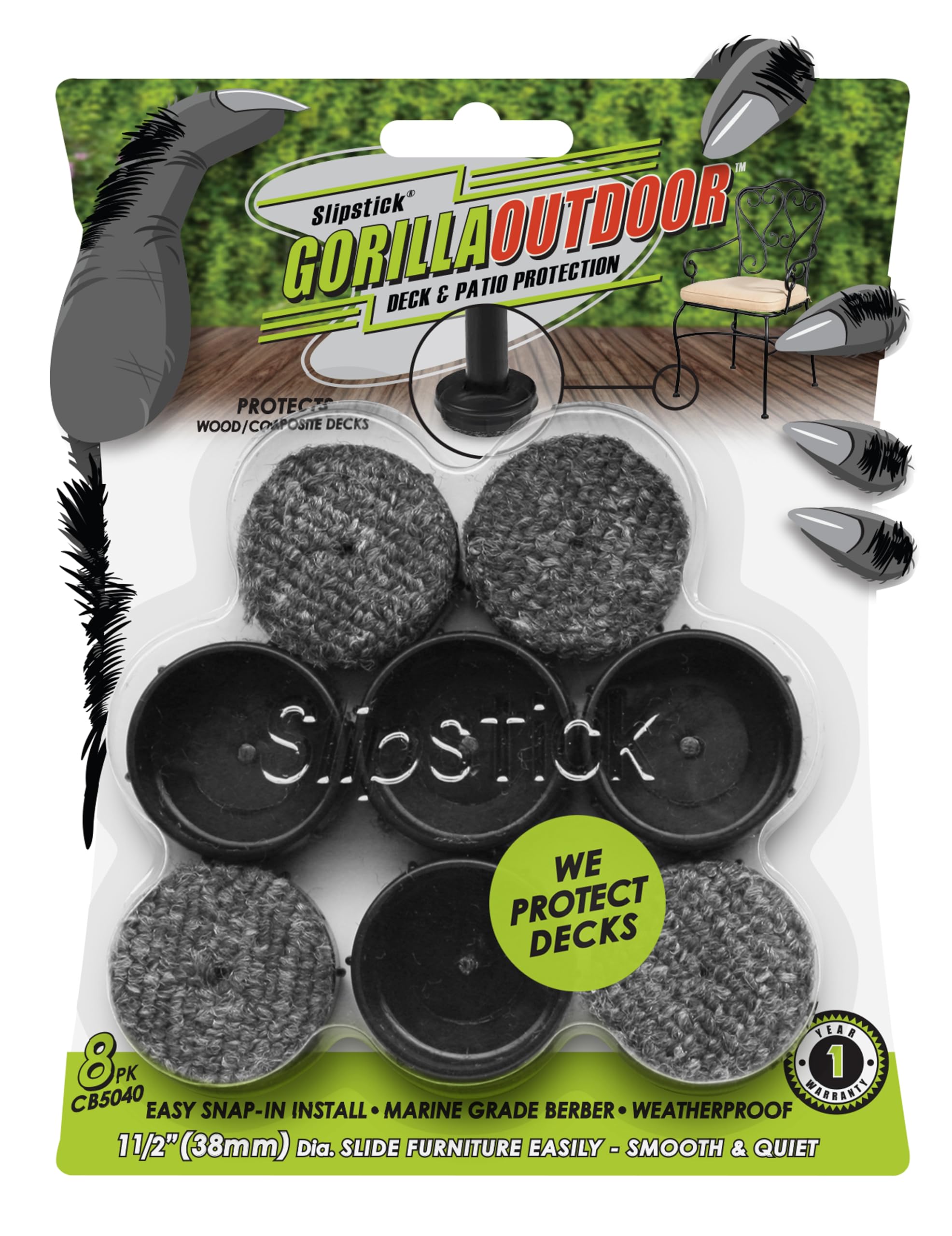 Slipstick Gorilla Outdoor 1-1/2 Inch Patio Chair Leg Caps for Wrought Iron Furniture (8 Pack) Floor Protecting Replacement Feet Glides for Metal Tables and Chairs, Marine Berber Sliders