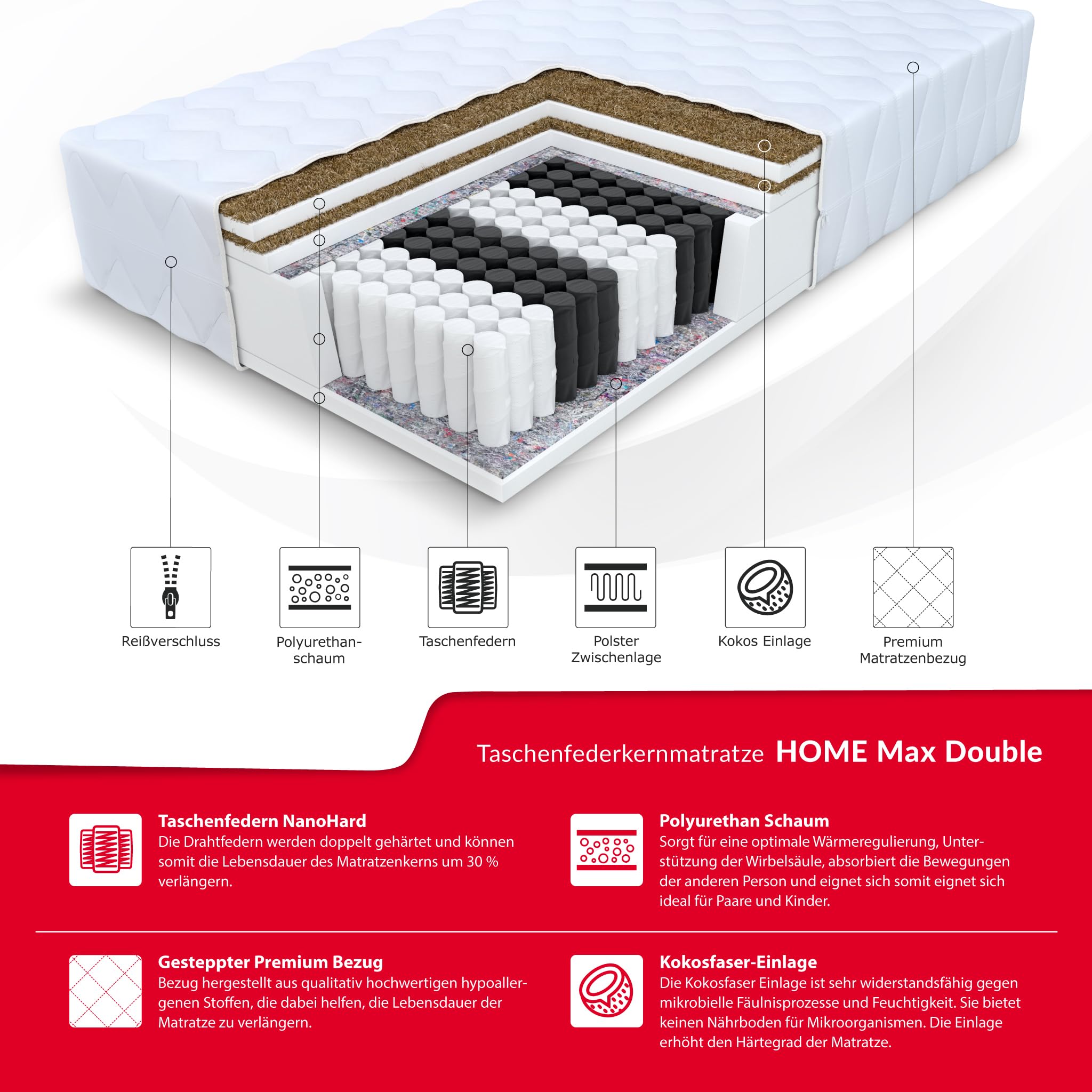 FDM HOME MAX DOUBLE Materasso una Piazza e Mezza 120x200 cm Alto 26 cm Materasso a Molle Insacchettate Grado di Rigidità H3 H5 Due Lati 7 Zone di Comfort Strato di Cocò OEKO-TEX Anallergic