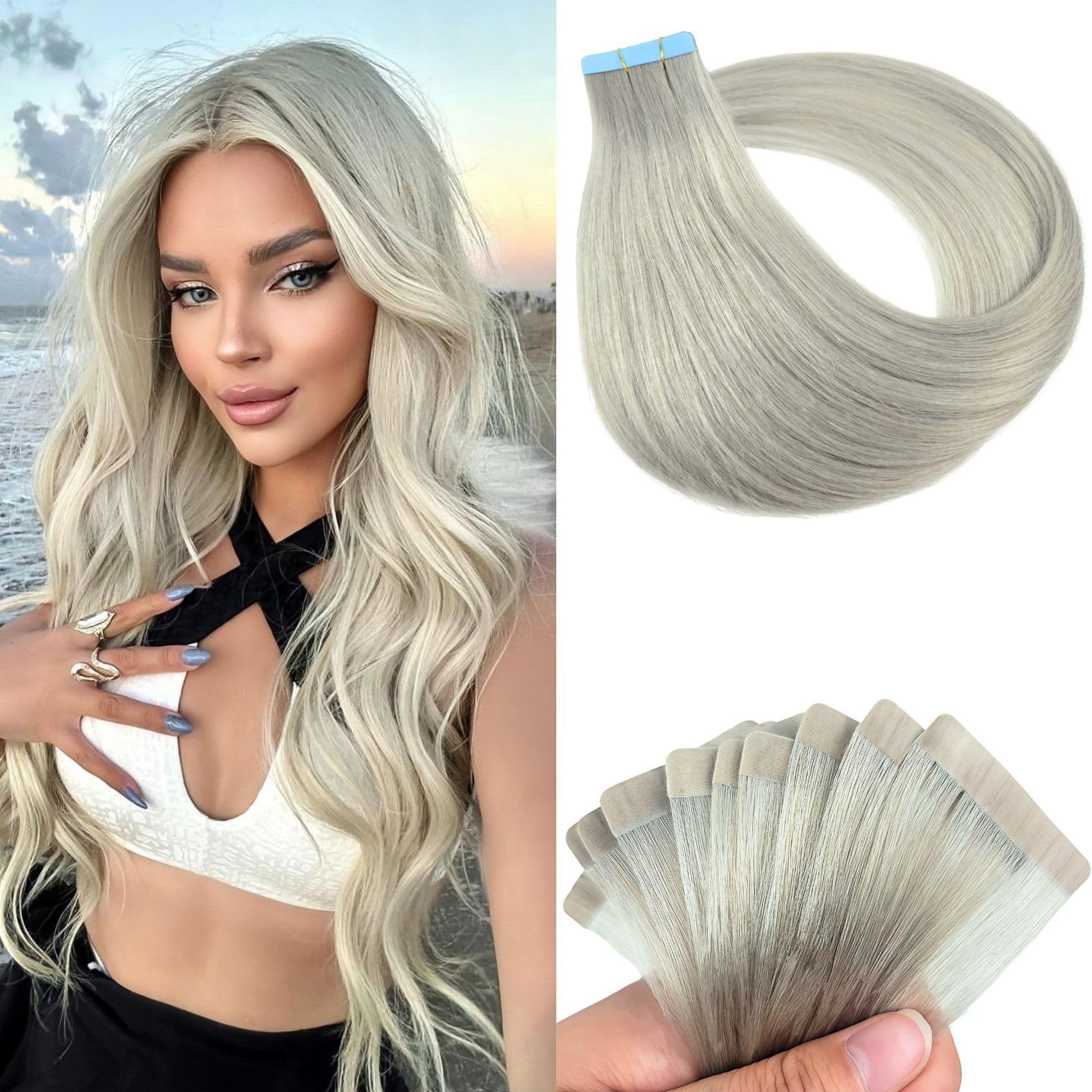 Silver Tape in Hair Extensions Human Hair Invisible Long 22 inch Tape in Real Human Hair Extensions for Women