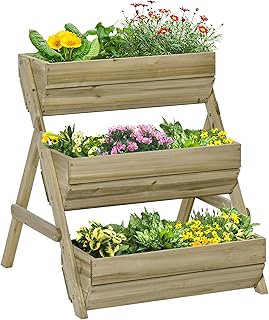 Outsunny 3 Tier 66L Raised Garden Bed Wooden Elevated Planter Box Kit for Flower, Vegetable, Herb, 65 x 75 x 76cm, Green