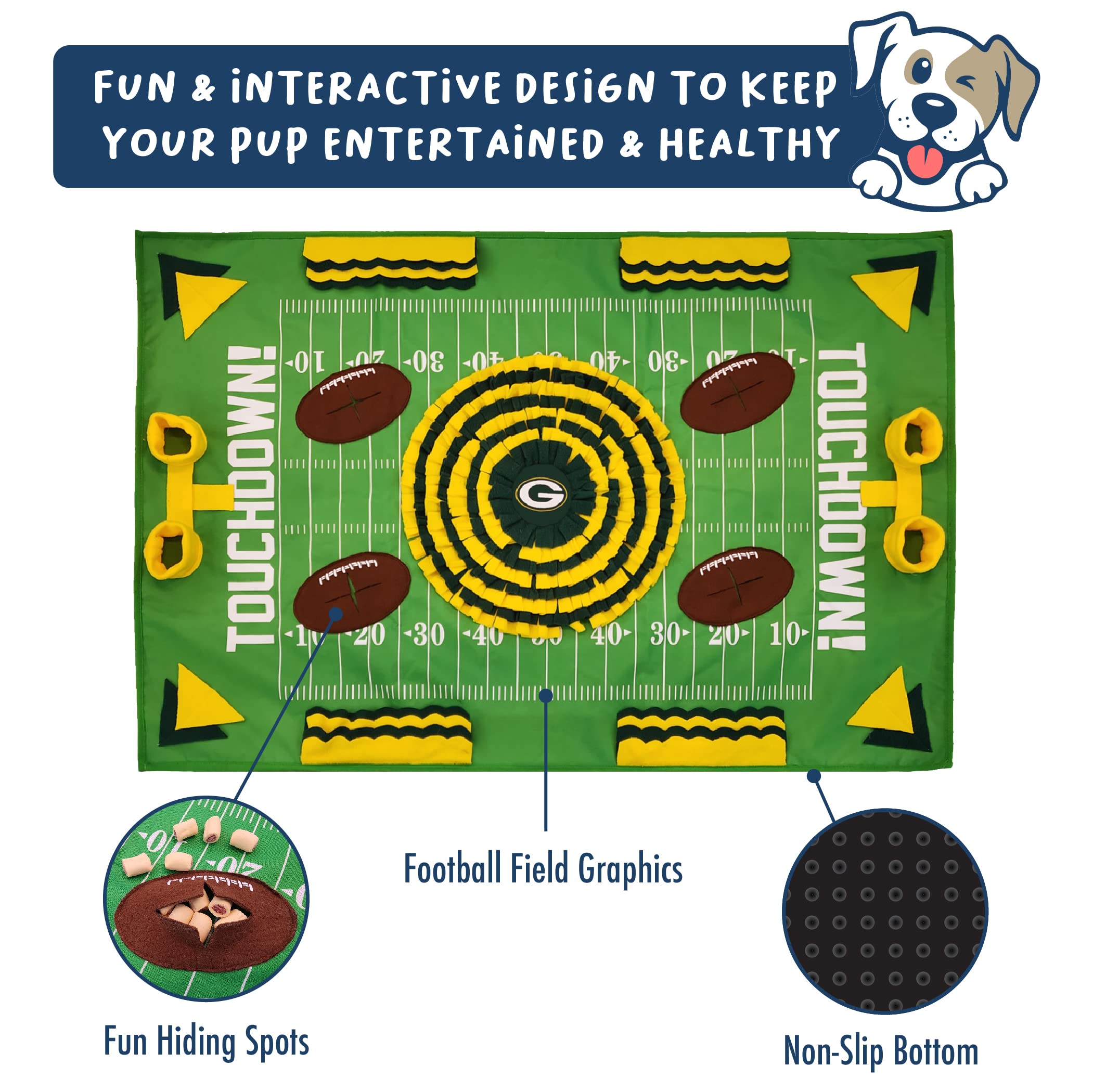 Pets First NFL Green Bay Packers mata dla psa – interaktywny powolny karmnik dla zwierząt domowych, wzór boiska piłkarskiego, zabawka dla psów i kotów, mata do ćwiczeń dla inteligentniejszego
