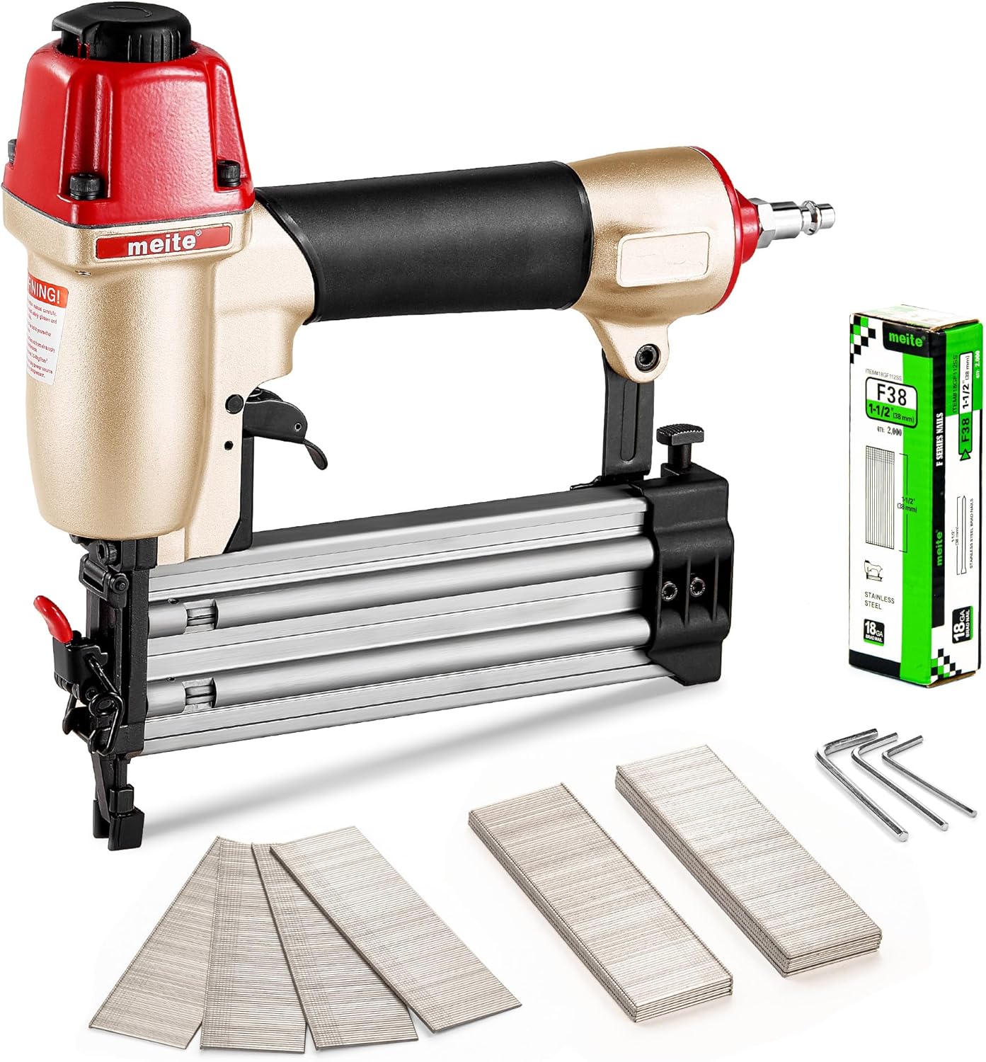meite F50C Pneumatic Brad Nailer Kit Includes 2,000 Pcs 18 Gauge Stainless Steel Brad Nails 1-1/2", Ideal for Trim Work Furniture Building & DIY Projects