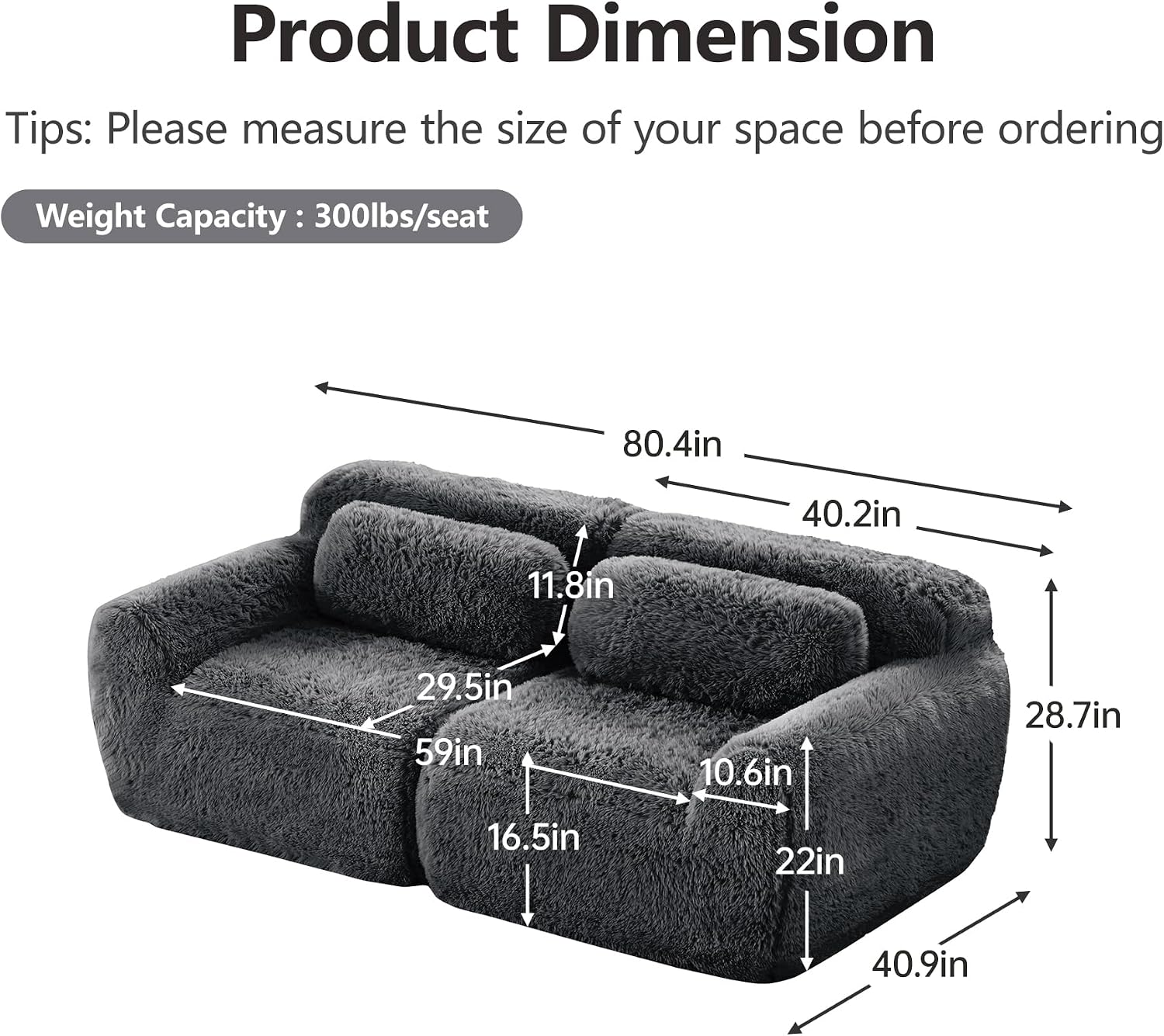 80" Modular Boneless Sectional Couches for Living Room, 2 Seater Deep Seat Compressed Sofa Set, Non-Slip Plush Fabric, Cloud Couch Loveseat for Apartment, Deep Grey