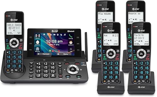 AT&T Teléfono inalámbrico DECT 6.0 de 5 teléfonos inalámbricos para el hogar y la empresa con contestador, pantalla a color de 5", atajo de un solo