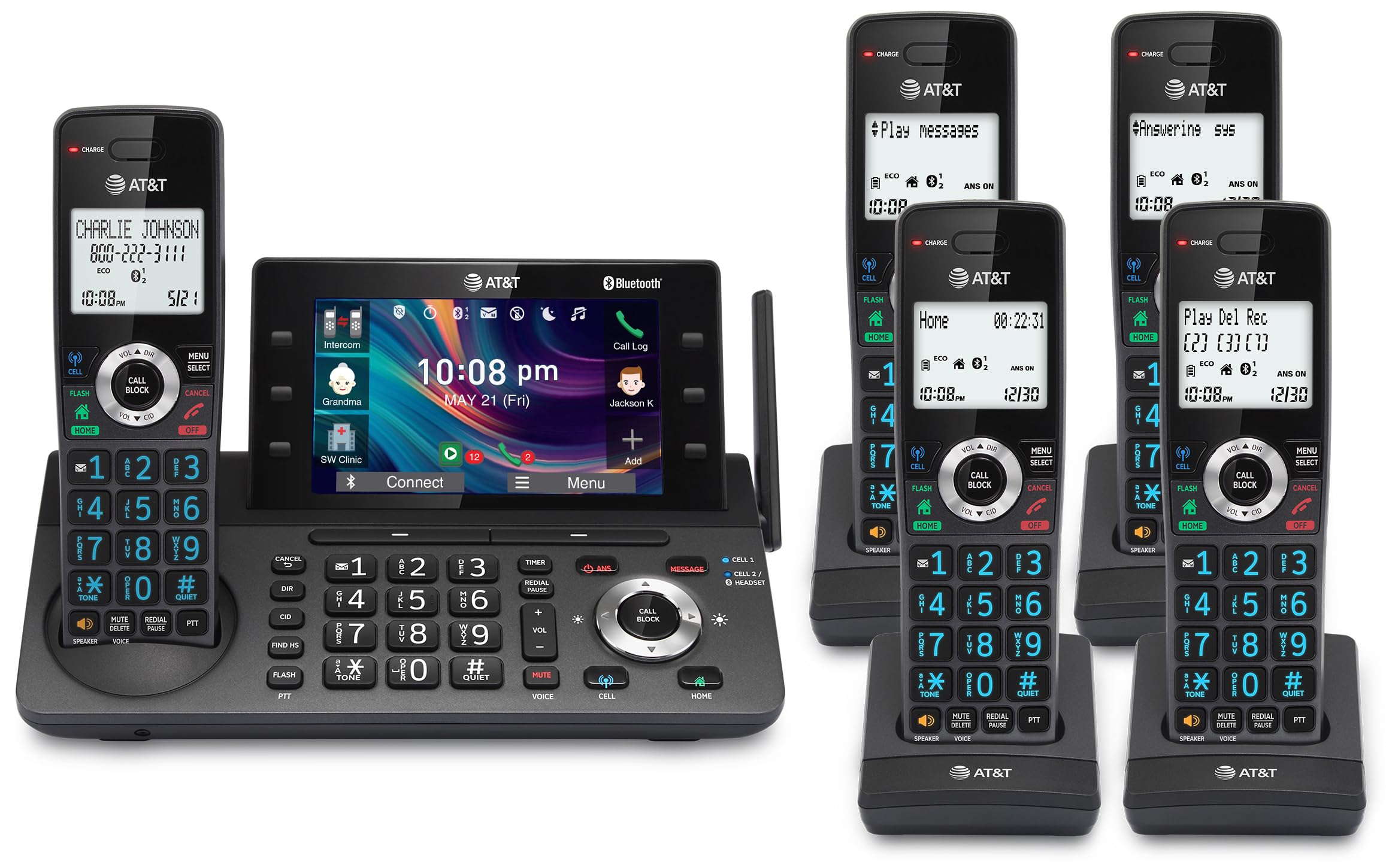 at&t 5-handset dect 6.0 cordless home and business phone with answering machine, 5" color display, one-touch shortcut, conference, intercom, smart call blocker, bluetooth connect to cell: dlp73590