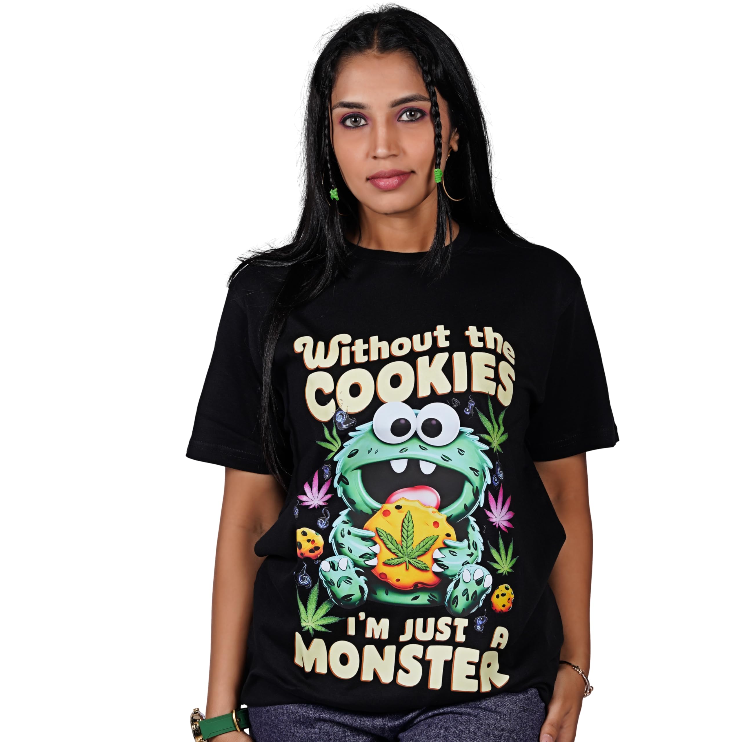 ZILLENIALS Men's Women's Unisex T-Shirt, Oversize Fit Half Sleeve Round Neck Pure Cotton Tshirt Cookie Monster Graphic Printed, Black