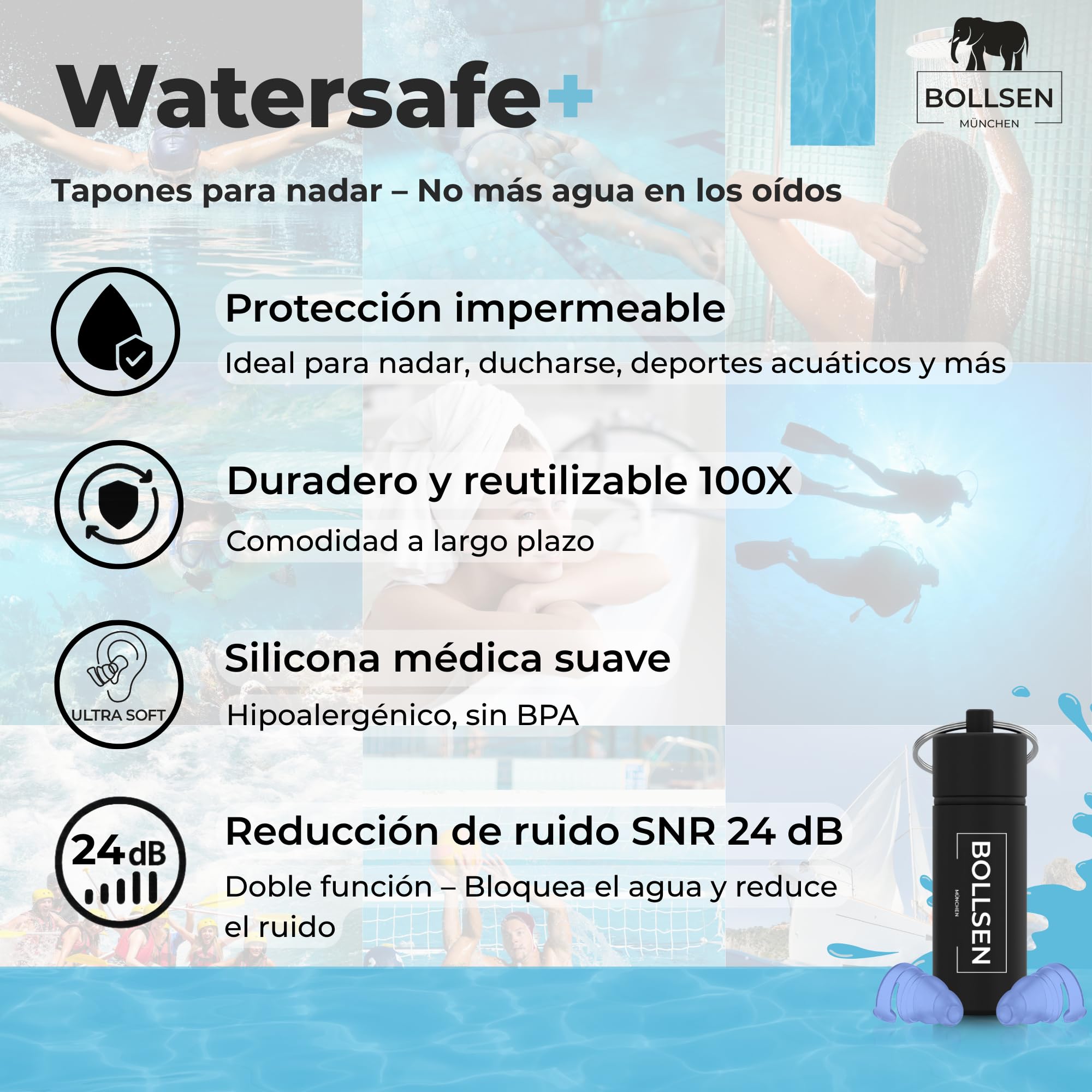 BOLLSEN Watersafe+ Tapones para los oídos de natación – Tapones de silicona reutilizables para natación, ducha, baño y deportes acuáticos – Tapones impermeables con reducción de ruido de 24 dB SNR (3)