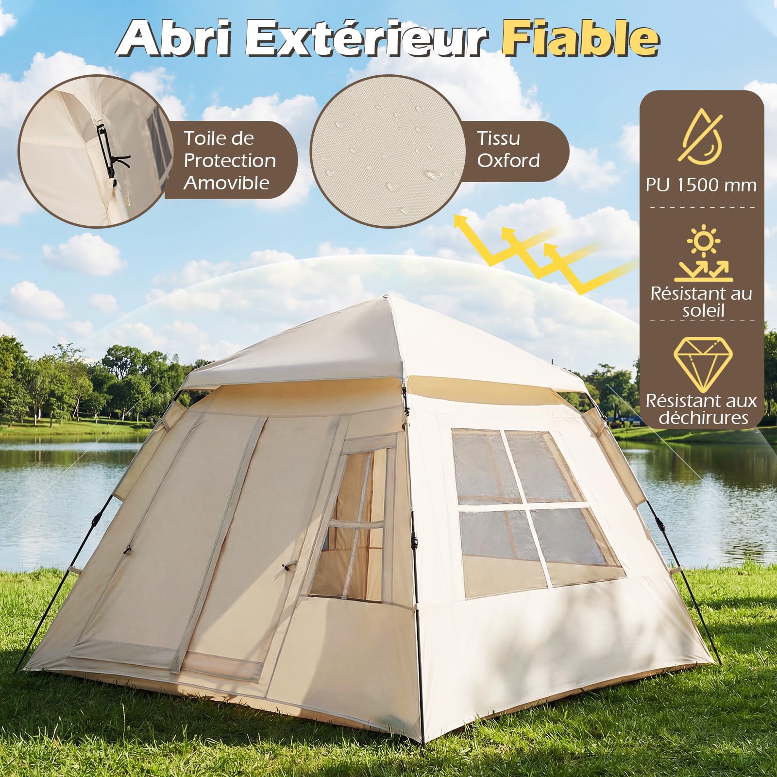 COSTWAY Tente de Camping Pop up 4 Personnes, Tente Extérieure Portable avec Bâche Anti-Pluie 4 Fenêtres en Maille 2 Portes Sac de Transport, pour Randonnée Pique-Nique, 230 x 230 x 152 cm