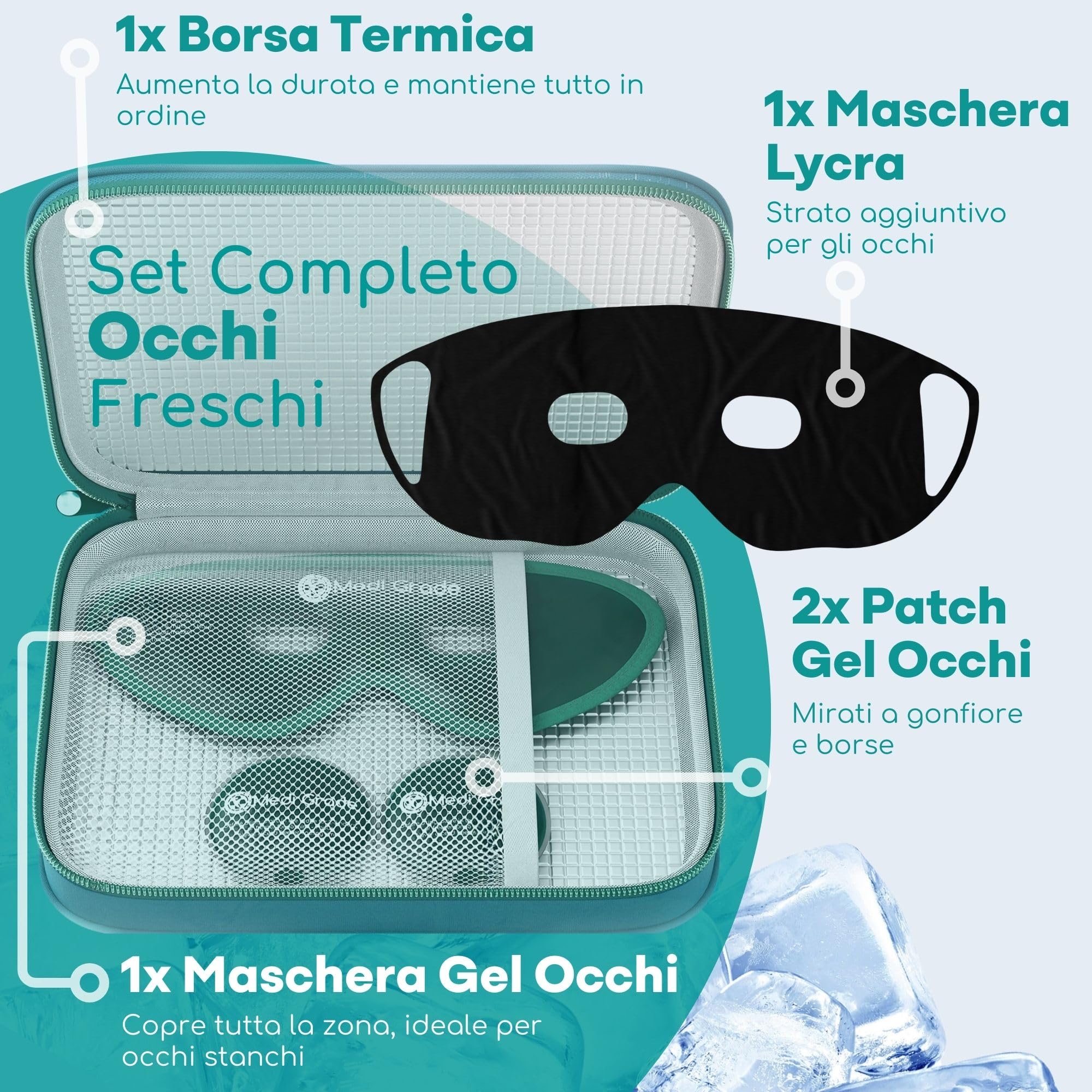 Medi Grade Maschera Occhi Gel Freddo - Riutilizzabile con 2 Cuscinetti Rinfrescanti, 1 tessuto Lycra e Borsa Termica - Mascherina Refrigerante con Strap Regolabili