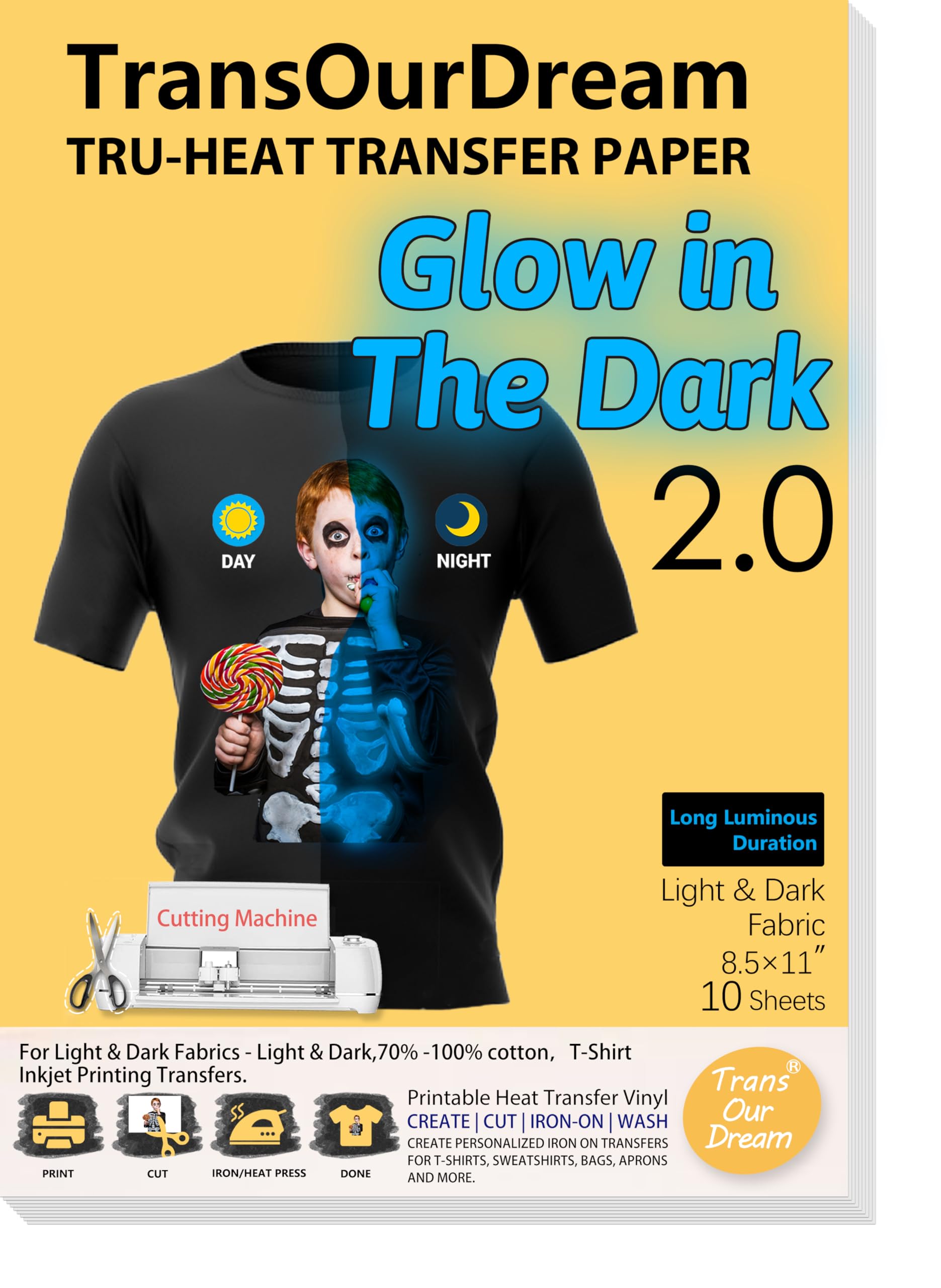 TransOurDream Luminous Heat Transfer Paper for T Shirts (10 Sheets, 8.5x11'', Glow 2.0) Printable Heat Transfer Vinyl for Inkjet Printer Iron on Transfers for Light & Dark Fabrics (TRANS-GD2-12)