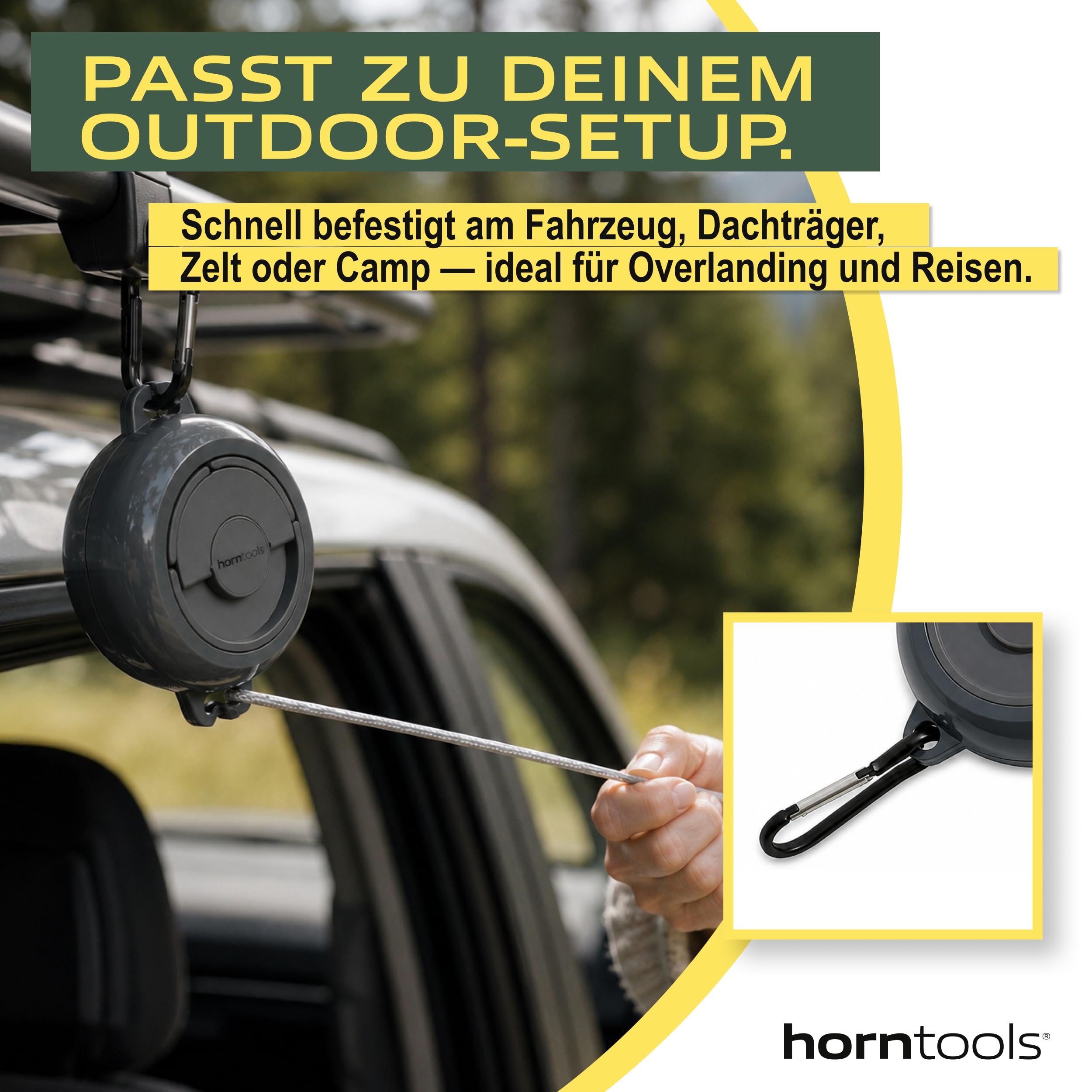 HORNTOOLS Camping Wäscheleine Ausziehbar 10m - Reisewäscheleine mit Klammern - Reisezubehör für Wohnwagen, Wohnmobil, Reisen & Overlanding - 20 Edelstahlklammern, Abstandshalter, Karabiner, 255g