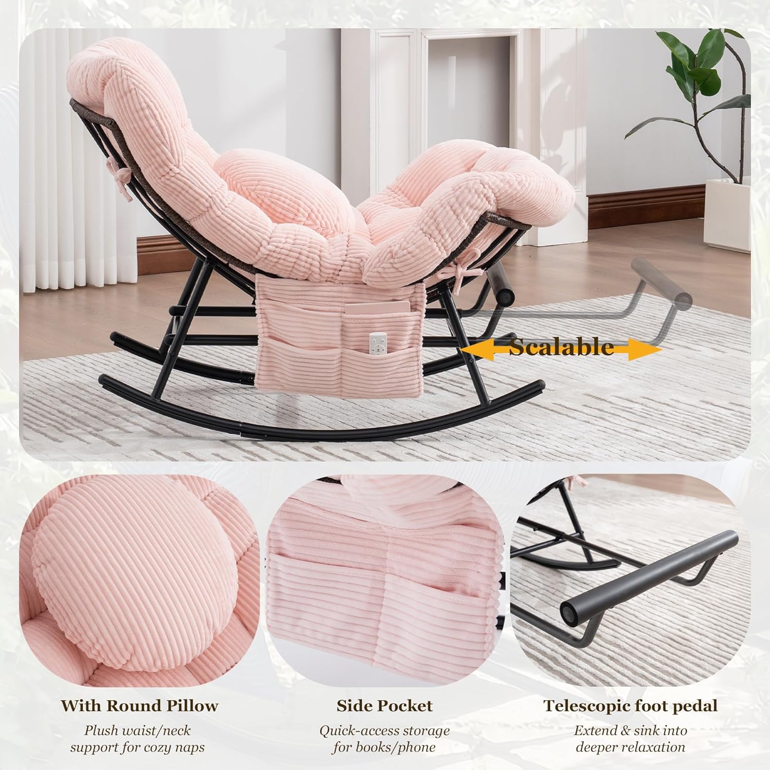 Rocking Chair Indoor & Outdoor, Oversized Patio Papasan Recliner Chair with Footstool Pillow & Side Pocket for Bedroom, Living Room, Garden, Balcony, Lawn (Pink)