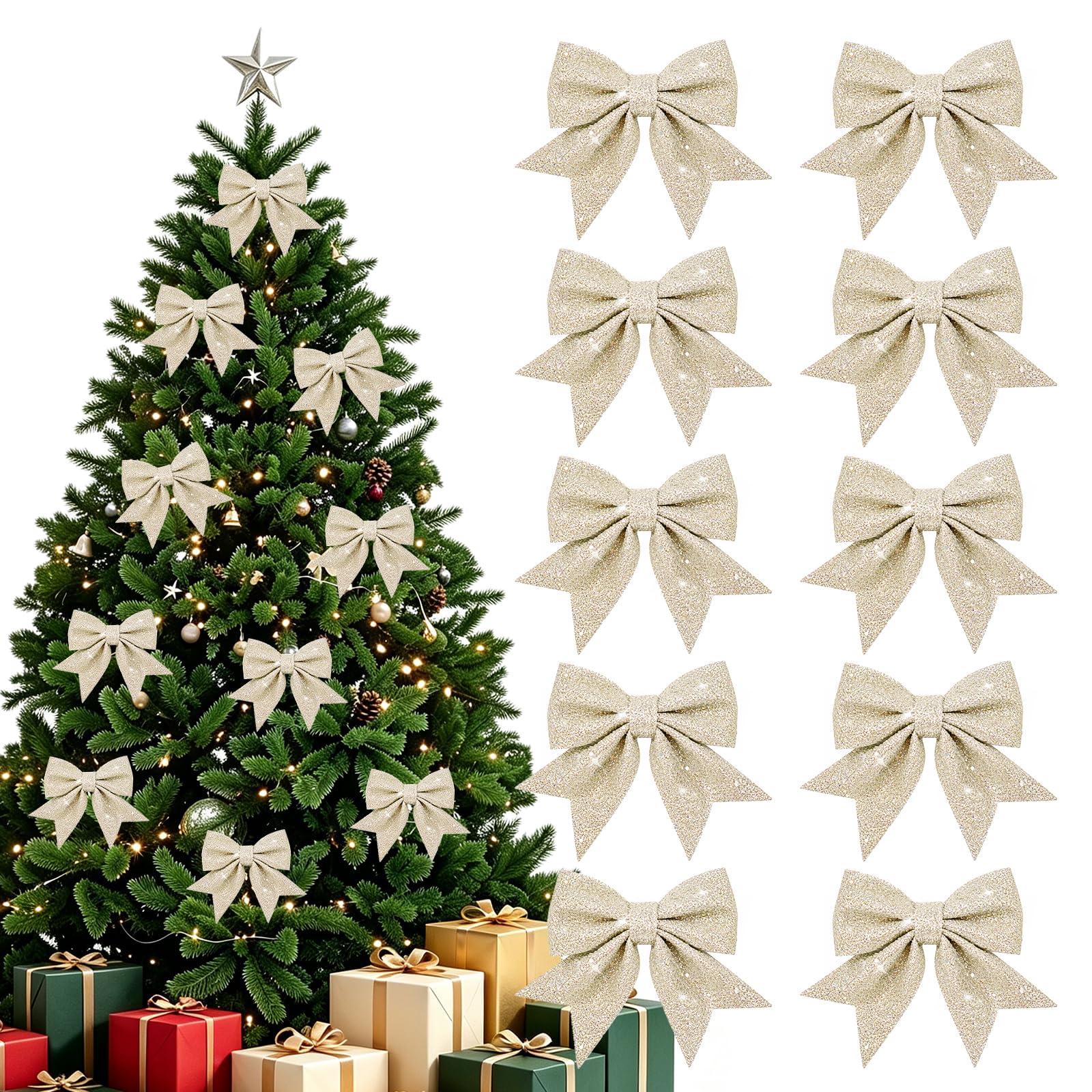 Shining She 10 Packs Glitter Champagne Christmas Bows Decorations, Small Christmas Tree Bow Ornaments, Sequin Bow Ties for Xmas Wreaths, Garland, Tree Decoration — image 1