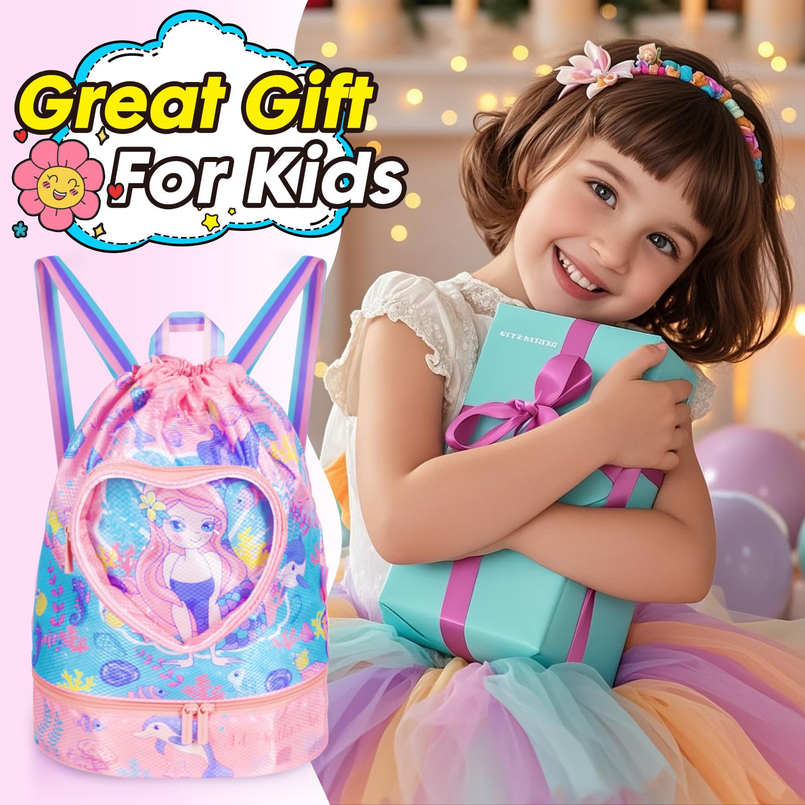 PinkSheep Bolsa de natación para niños, bolsa de deporte con cordones, mochila para niñas y niños, bolsas de playa impermeables con compartimento para zapatos y bolsa a prueba de humedad para piscina