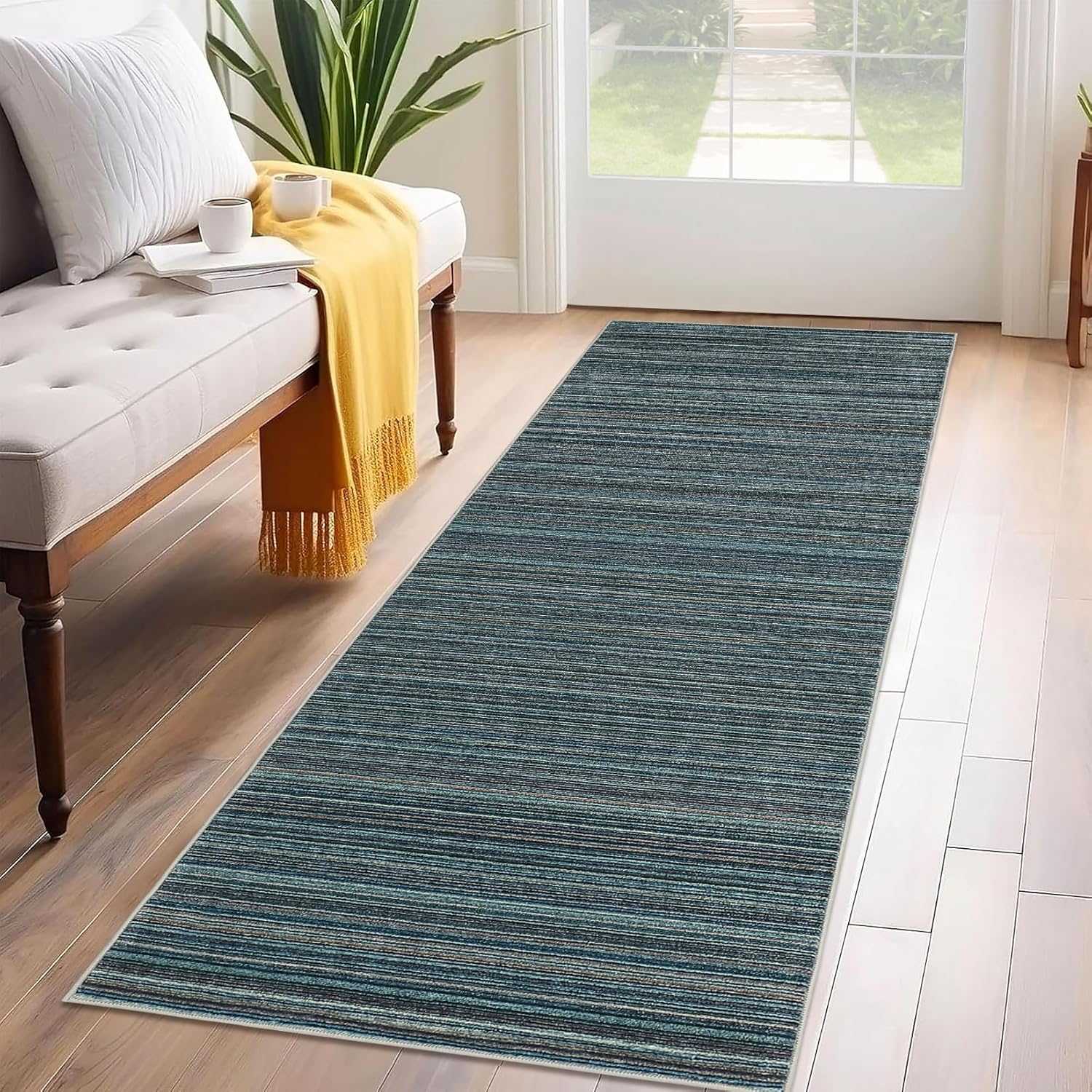 COZYLOOM Rug Runners for Hallways Non Slip 2x6 Machine Washable Bathroom Rugs Modern Neutral Printed Area Rugs Low Pile Non Shedding Striped Floor Cover Foldable Thin Throw Mats for Kitchen, Blue