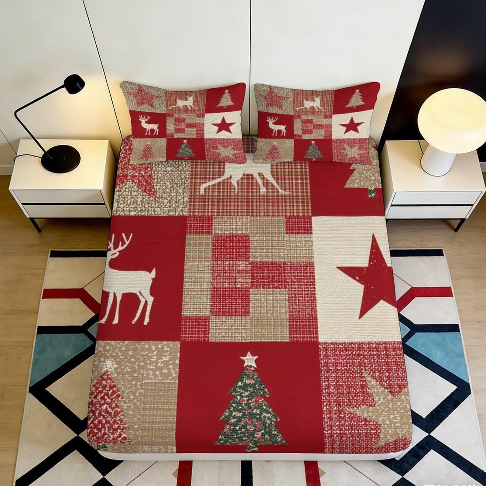 Jqzkxnhpbr Style-3 3D Printed Christmas Reindeer Fitted Sheet Microfiber Red Star Tree Bed Cover For Bedroom Guest Room Mattress Decor 90X200x25cm