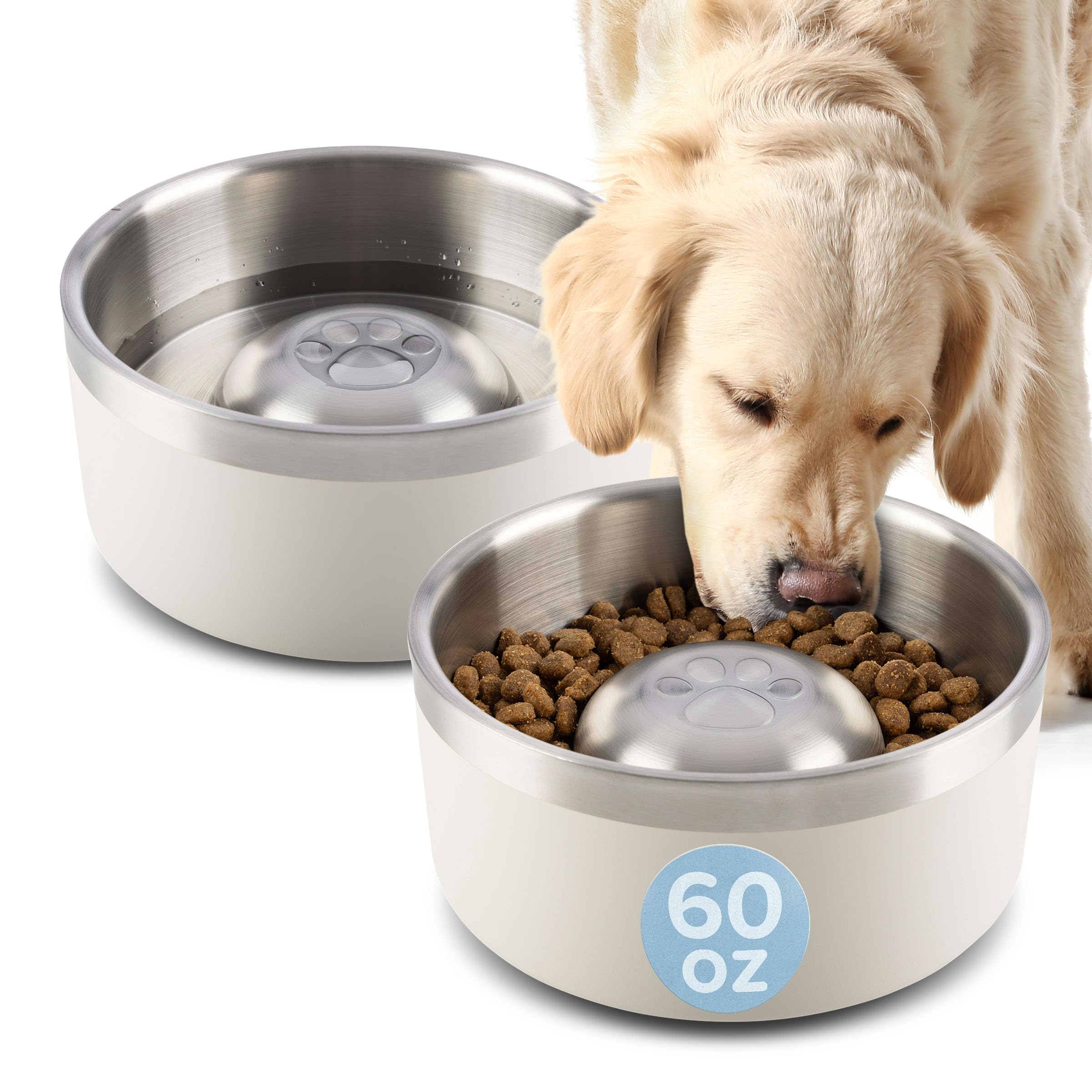 Set of 2 Stainless Steel Slow Feeder Dog Bowls - 60oz or 7.5 Cups Double Wall Insulated Food and Water Bowls for Dogs - Non Slip Metal Pet Dishes for Medium to Large Sized Pets by PETMAKER (Cream)