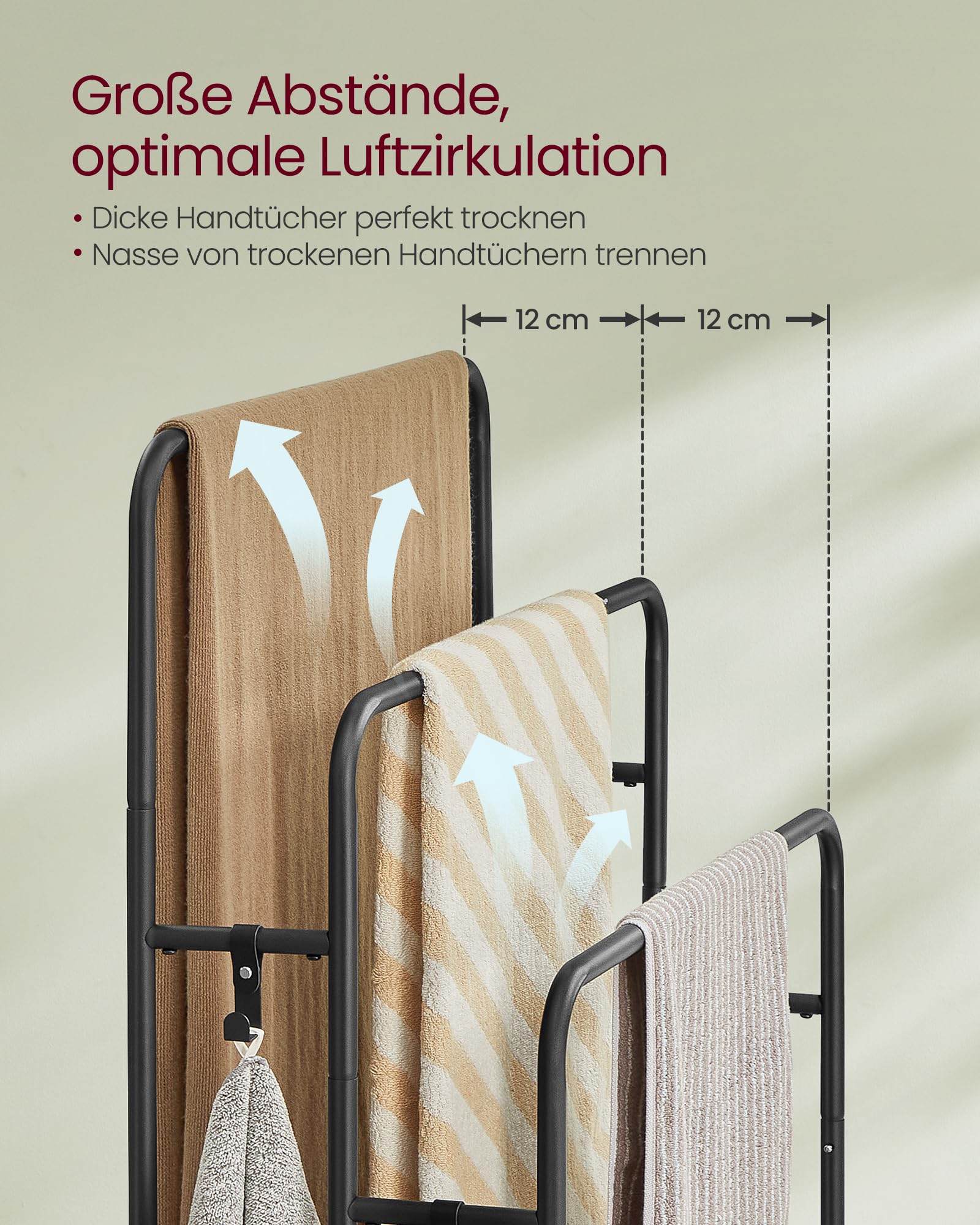 VASAGLE Handtuchhalter, stehend, Handtuchständer 3 Stangen, 70 x 30 x 100 cm, 2 Haken, Ablage, für Decke, Badetücher, tintenschwarz-ebenholzschwarz LLS019B01