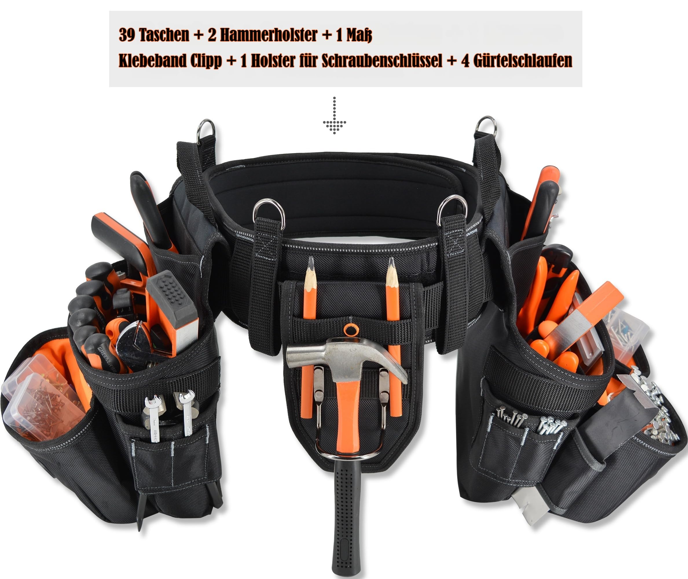 Herren-Werkzeuggürtel mit 39 Taschen und Hosenträgern, 10 cm gepolsterter Werkzeuggürtel, Zimmermannstasche, Schwarz mit Orange, Einheitsgröße