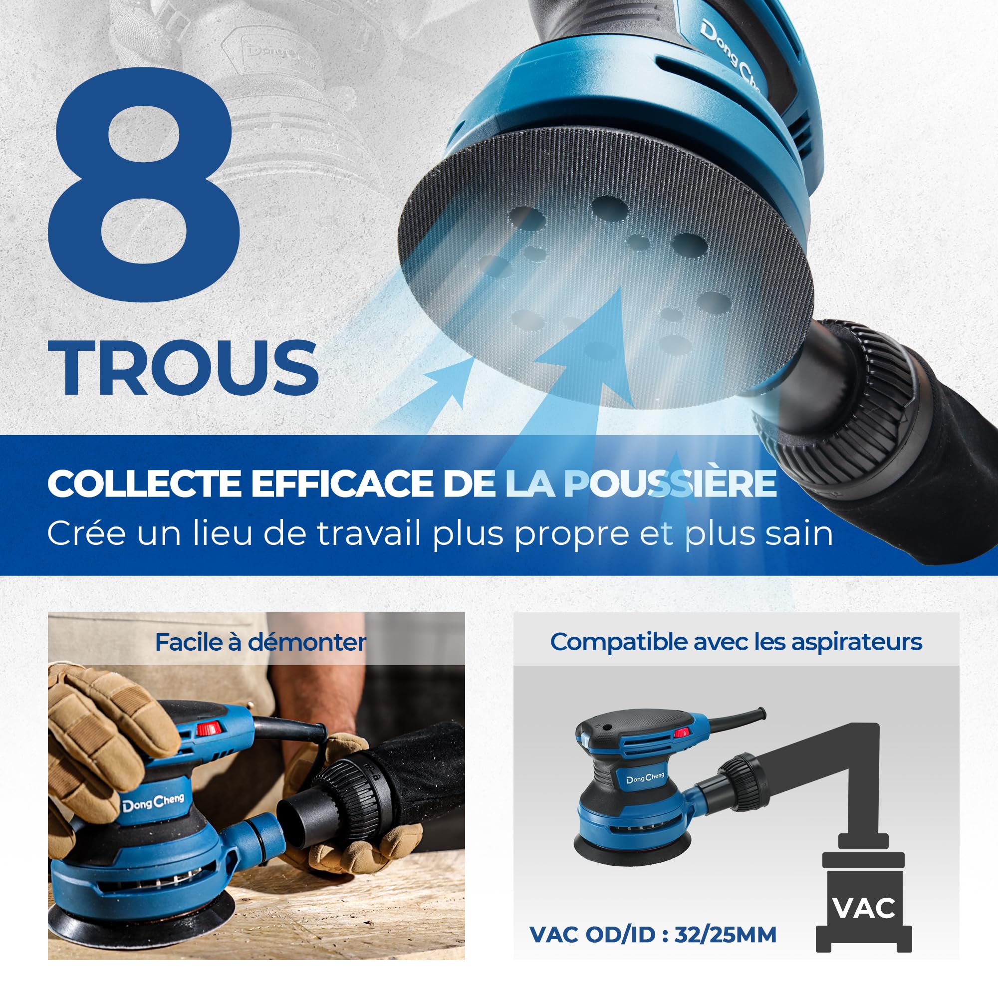DongCheng Ponceuse Excentrique 380W Professionnelle,20 Disques Abrasifs et Sac à Poussière, Compatible Aspirateur,125mm Ponceuse orbitale,6 Vitesses 8000-12800 tr/min pour le Ponçage Bois et Finitions