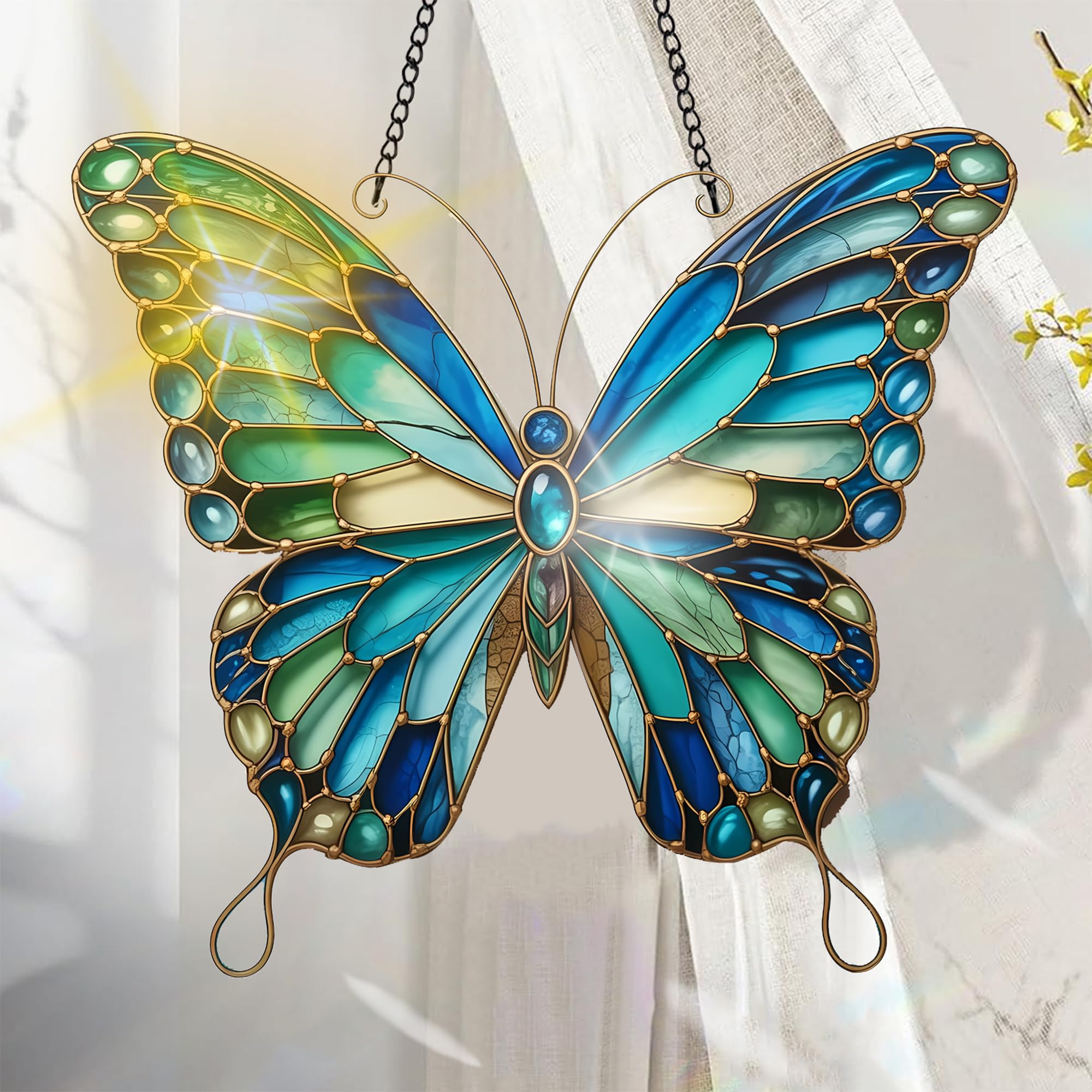 Colorful Acrylic Suncatcher, Butterfly Hanging Window Decor with Printed Stained Glass Style Design Sun Catcher, Rainbow Maker Wall Art, Christmas Ornaments Indoor Outdoor Use 7.8 x 7.8 inch C816