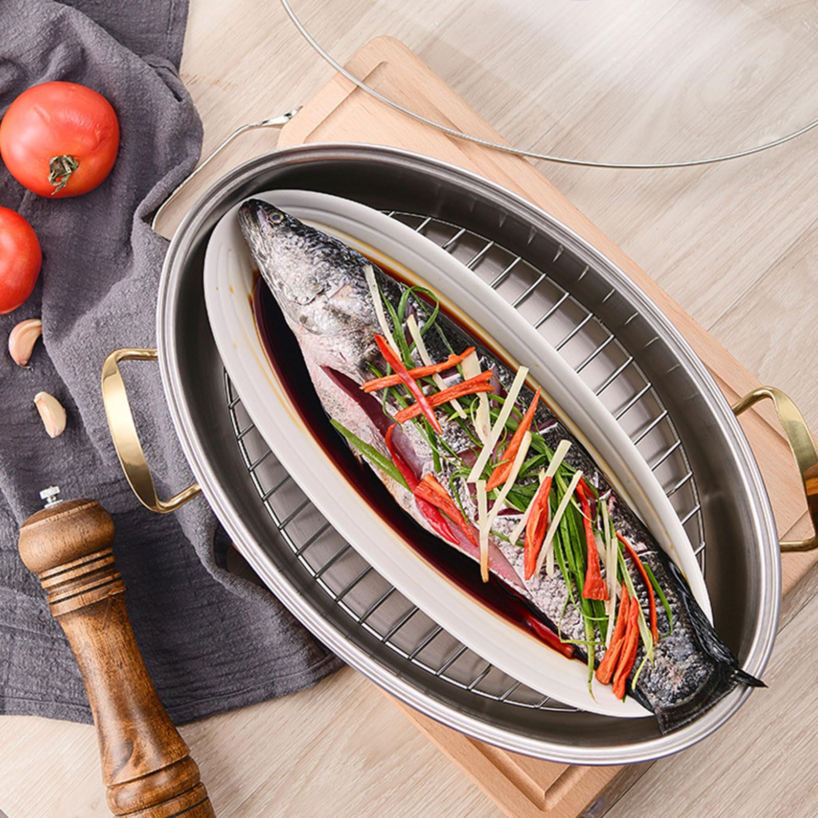 Dampfgartopf aus Edelstahl 304, elliptischer gedämpfter Fischtopf zum Kochen, Mehrzweck-Kochgeschirr mit Deckel für Fisch, Tamale, Knödel, Soße, silberner Griff (Silbergriff)