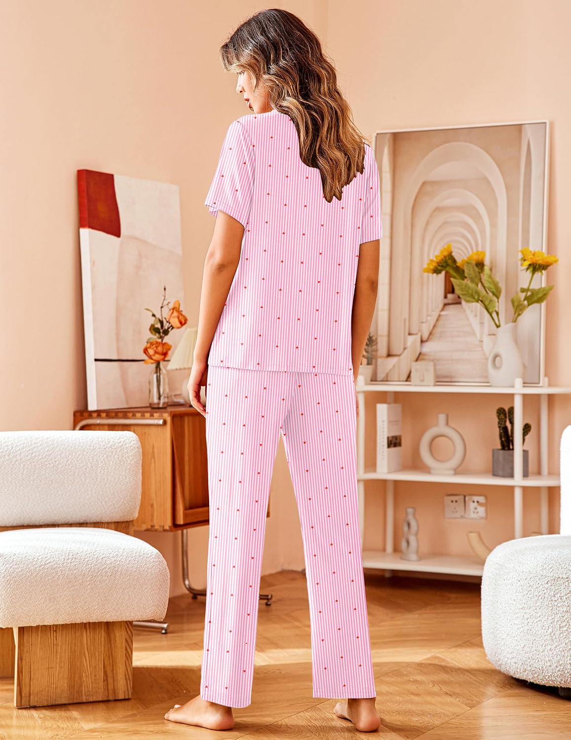 Avidlove Women Pajamas Set Notch Collar Soft Sleepwear Pjs Short Sleeve Button Down Nightwear with Long Pants image 2