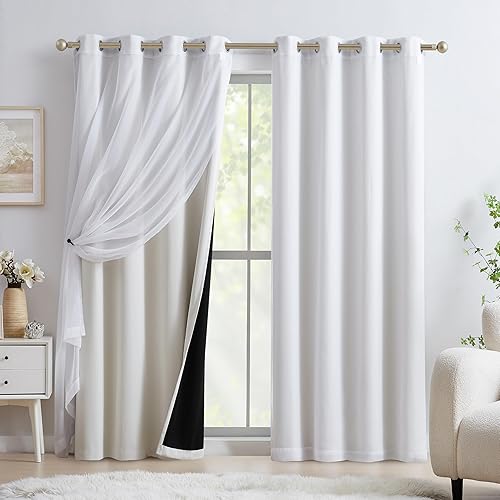 Juego de 4 paneles de cortinas 100 % opacas para sala de estar, cortinas opacas blancas transparentes y beige, cortinas opacas de doble capa para