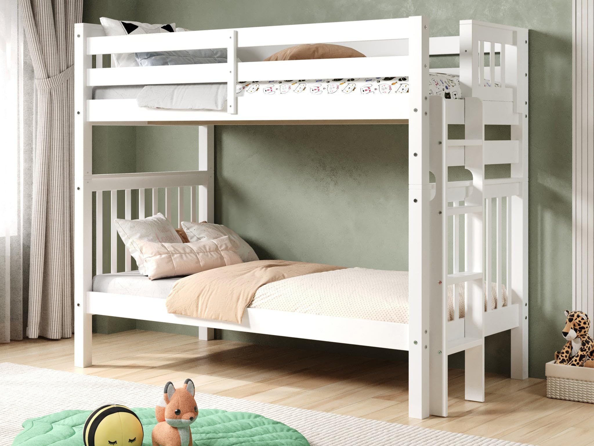 Bedz King Tall Bunk Beds Twin Over Twin Mission Style, End Ladder, White