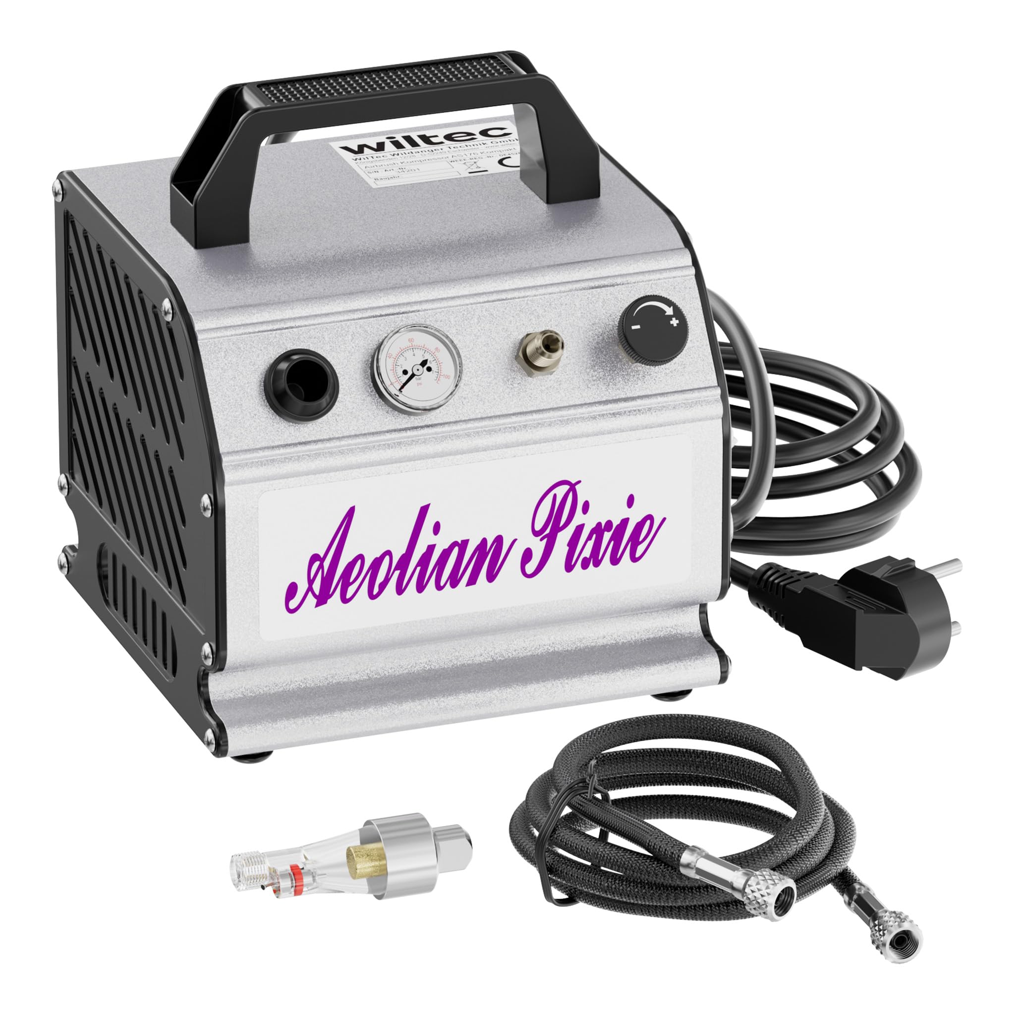 Wiltec Compresseur à membrane Aérographe Airbrush AS176 – Monocylindrique, portatif, silencieux – 3 bar – Diaphragme – Sans huile – Pour aérographie, modélisme, manucure, tatouage
