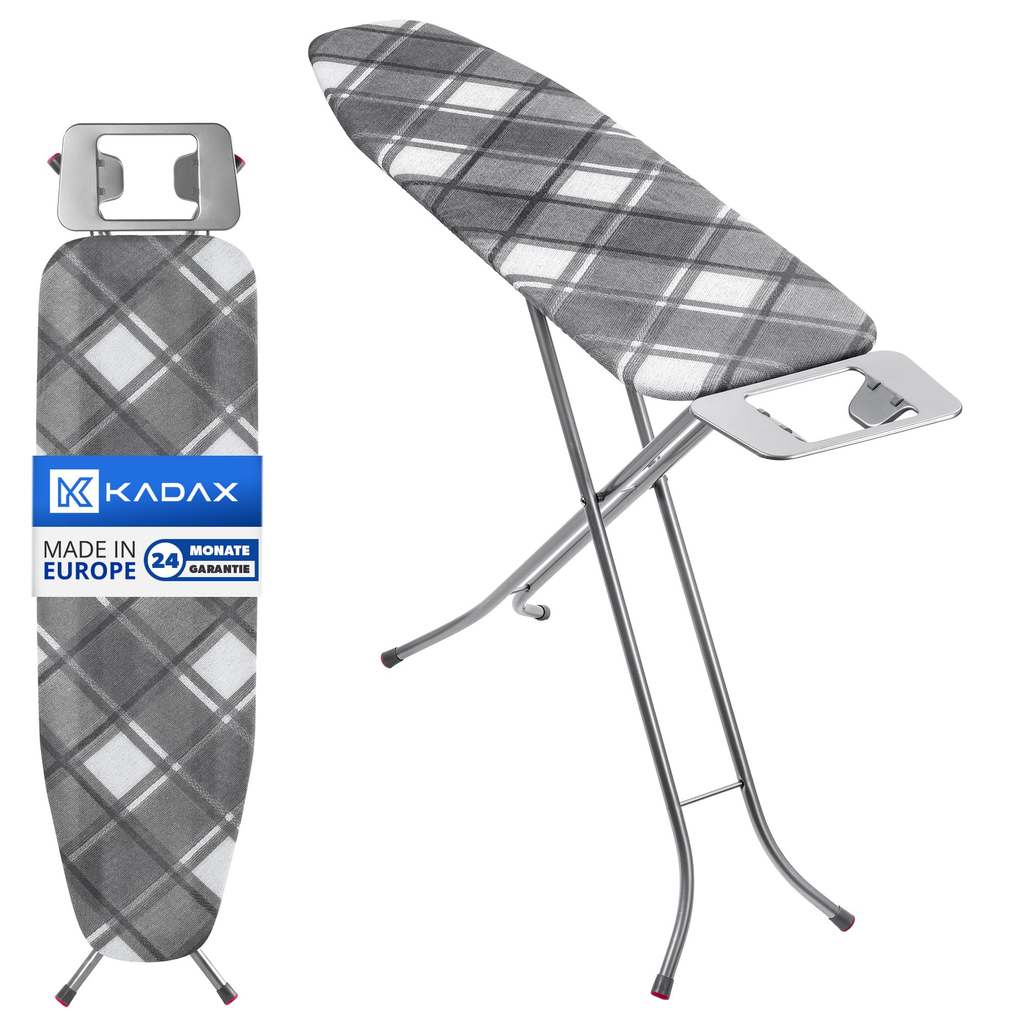 KADAX Bügelbrett groß 114x34cm - Stabiler Bügeltisch für Dampfbügelstation, klappbar, höhenverstellbar, mit Metallgitter & Bügeleisenablage, Made in EU