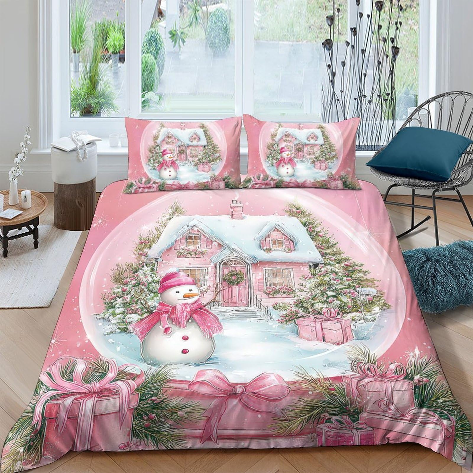 Ctjqhvkz Style-9 3D Printed Christmas Snowman Fitted Sheet Microfiber Pink Winter House Bed Sheet For Bedroom Guest Room Decor Single（135X200cm）