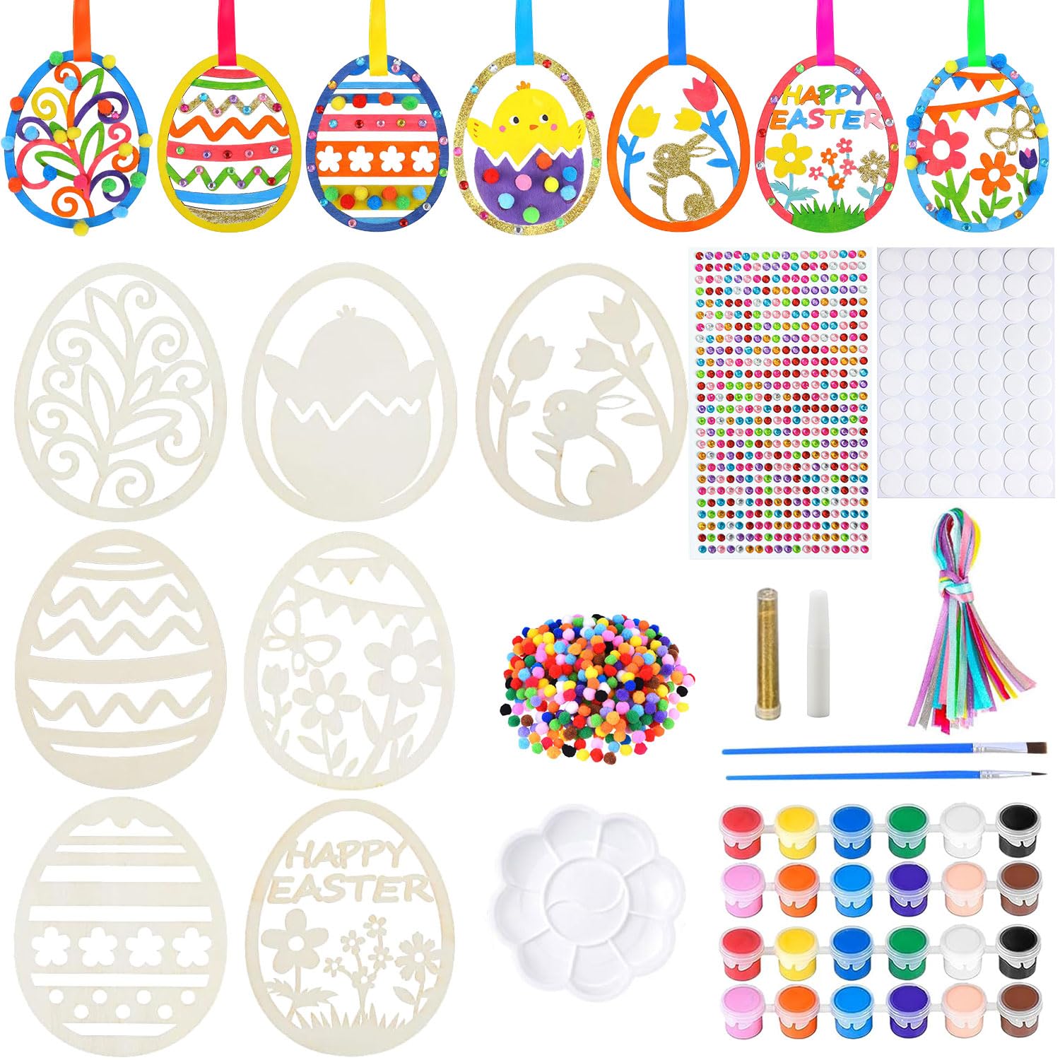 Ostern Basteln,103 Stück Bastelset Ostern,Holz Ostereier zum Bemalen,Osteranhänger Holz,Ostereier zum Aufhängen,Osterdeko Basteln mit Pompons, Deko Schnur, Strass, Osteraufkleber, Ostergeschenke