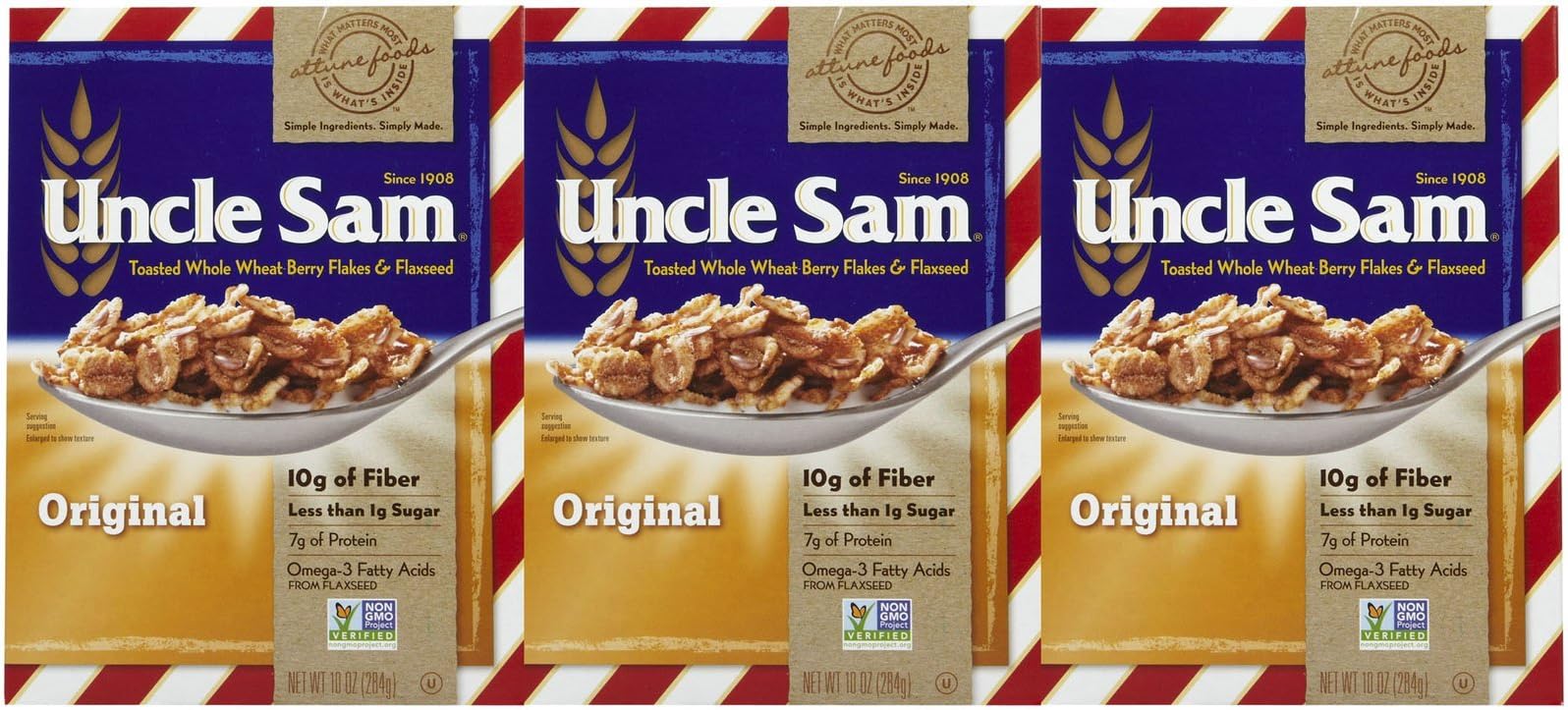 Uncle SamToasted Whole Wheat Berry Flakes and Flaxseed Original Cereal Boxes-10 Oz-3 Pack