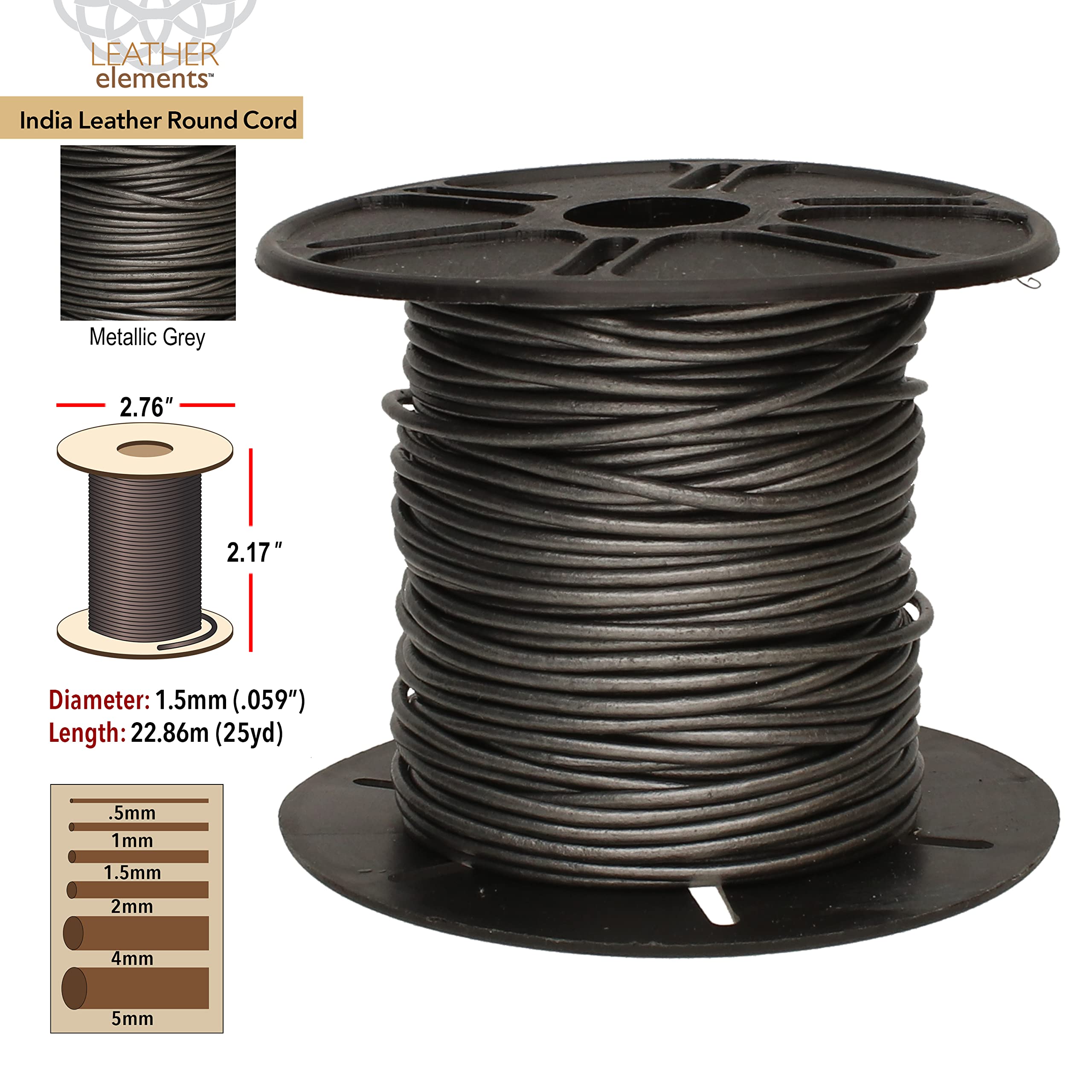 1.5 mm Indian Leather Round Beading Jewelry and Craft Cord 22,9 m Metallic grey- 1.5 mm di spessore